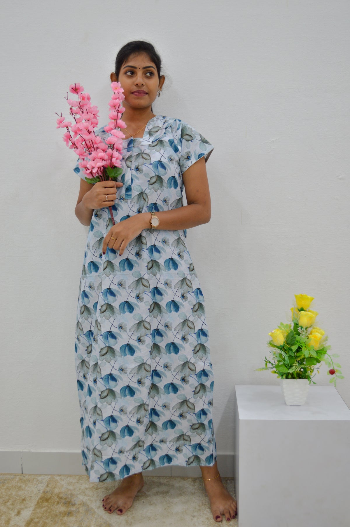 MANGAI New Regular Fit Cotton Printed Nighties - All Over Printed Stylish Nightwear for Stylish Women | Side Cut Pocket | Beautiful Nighties for Stylish Women's | Colourful Printed Cotton Nighties (CMC)