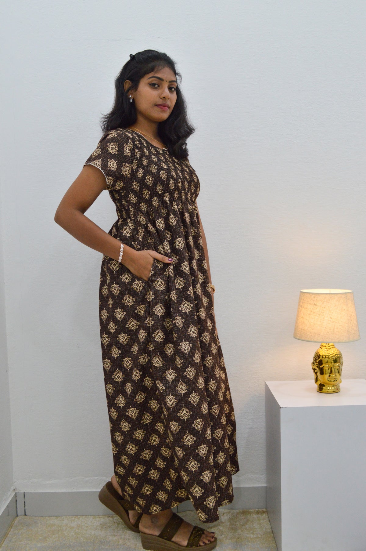 Crush Smocking Nighties for Stylish Women | Soft wrinkled texture Smocking Model | Rounded neck with Side Pocket | Daily wear Nighties for trendy women (PPL)