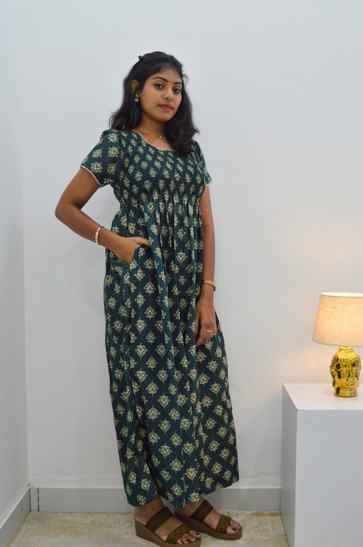 Crush Smocking Nighties for Stylish Women | Soft wrinkled texture Smocking Model | Rounded neck with Side Pocket | Daily wear Nighties for trendy women (PPL)