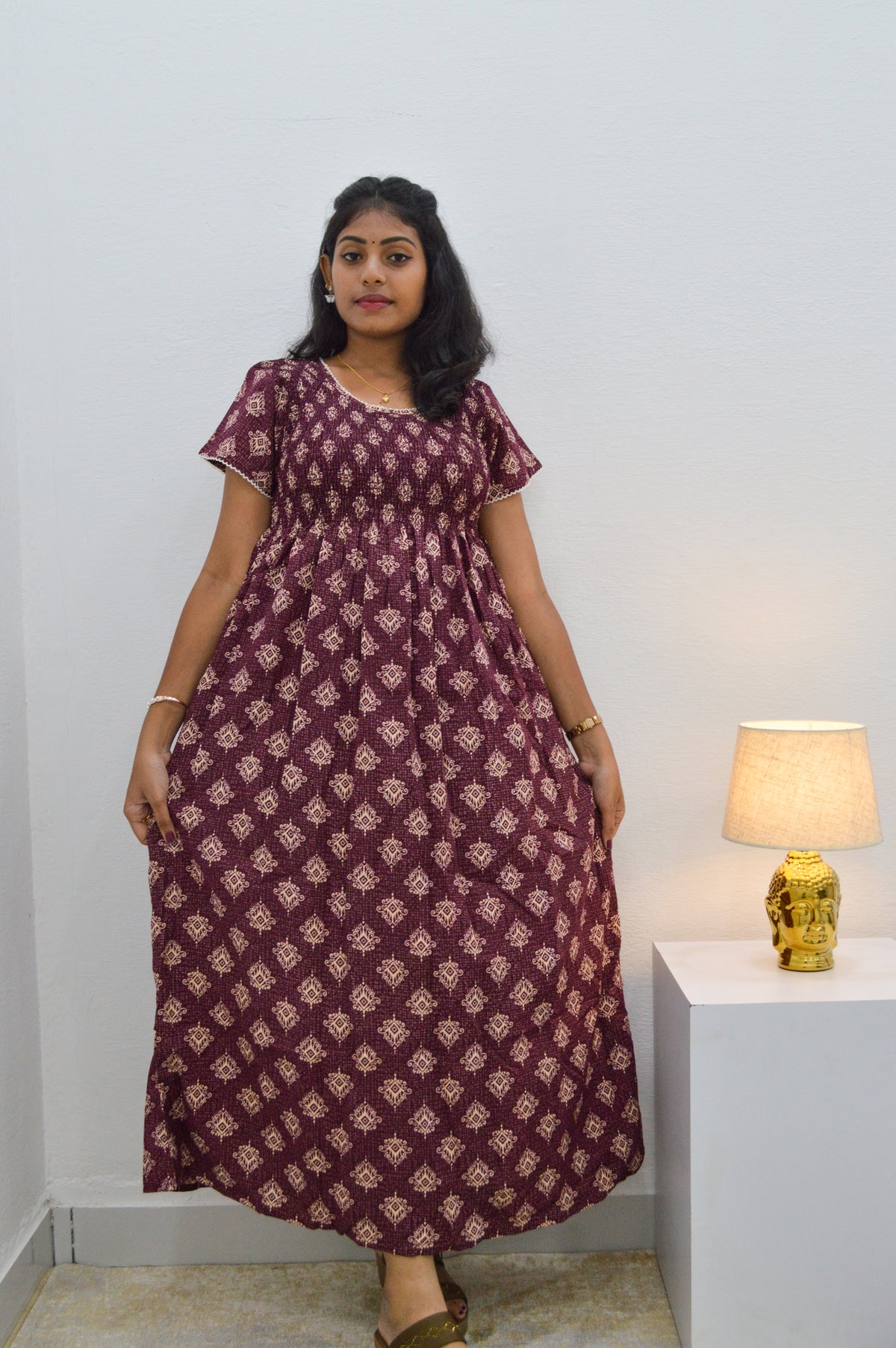 Crush Smocking Nighties for Stylish Women | Soft wrinkled texture Smocking Model | Rounded neck with Side Pocket | Daily wear Nighties for trendy women (PPL)