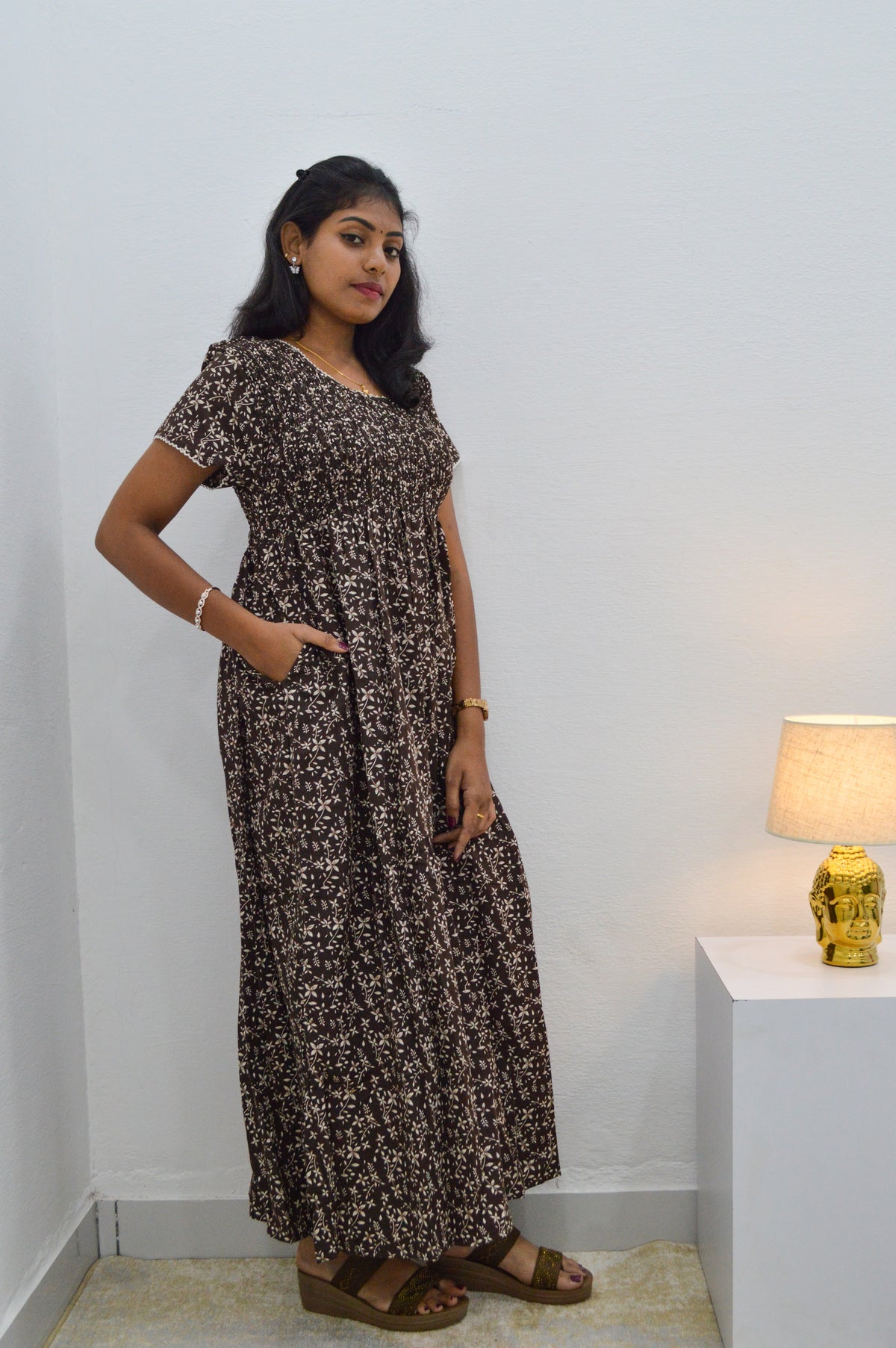 Crush Smocking Nighties for Stylish Women | Soft wrinkled texture Smocking Model | Rounded neck with Side Pocket | Daily wear Nighties for trendy women (PPL)