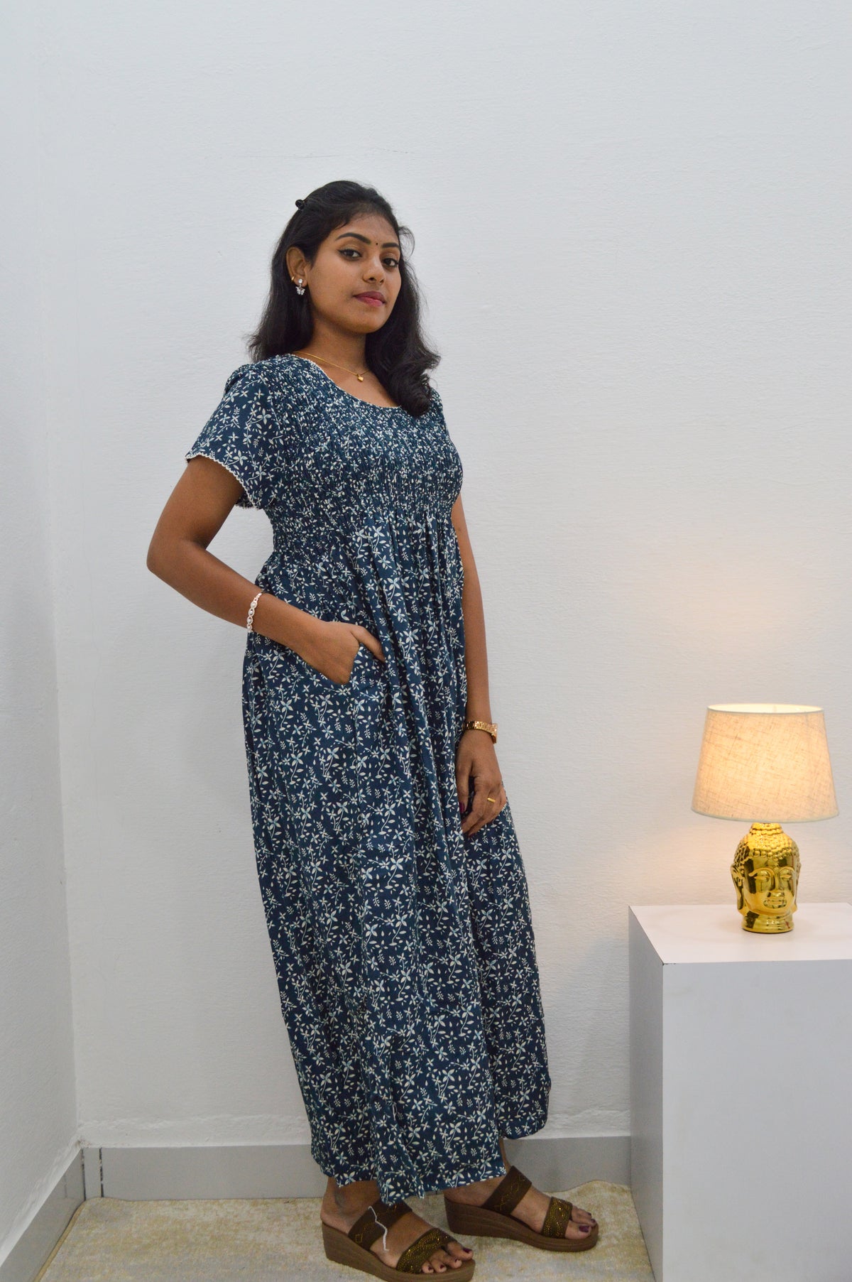 Crush Smocking Nighties for Stylish Women | Soft wrinkled texture Smocking Model | Rounded neck with Side Pocket | Daily wear Nighties for trendy women (PPL)