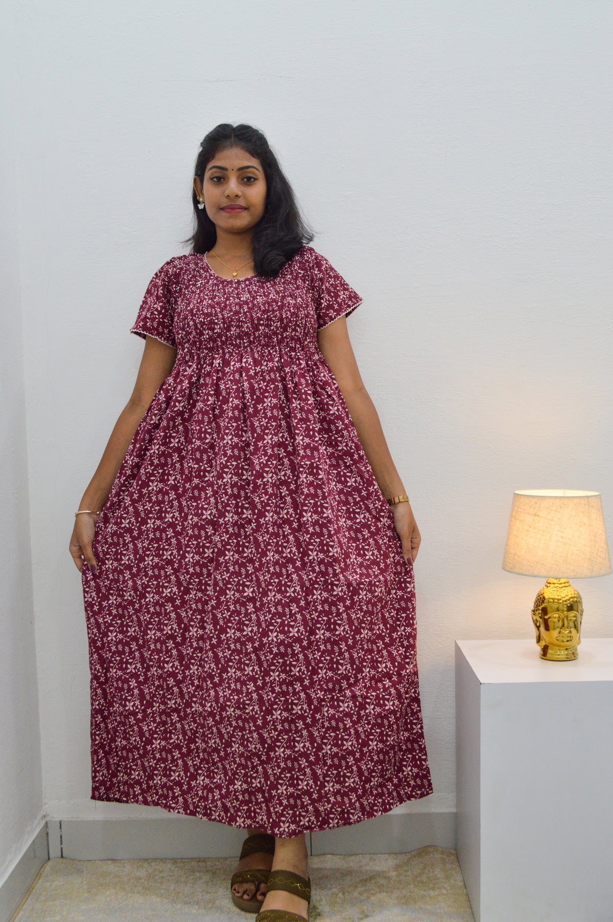 Crush Smocking Nighties for Stylish Women | Soft wrinkled texture Smocking Model | Rounded neck with Side Pocket | Daily wear Nighties for trendy women (PPL)