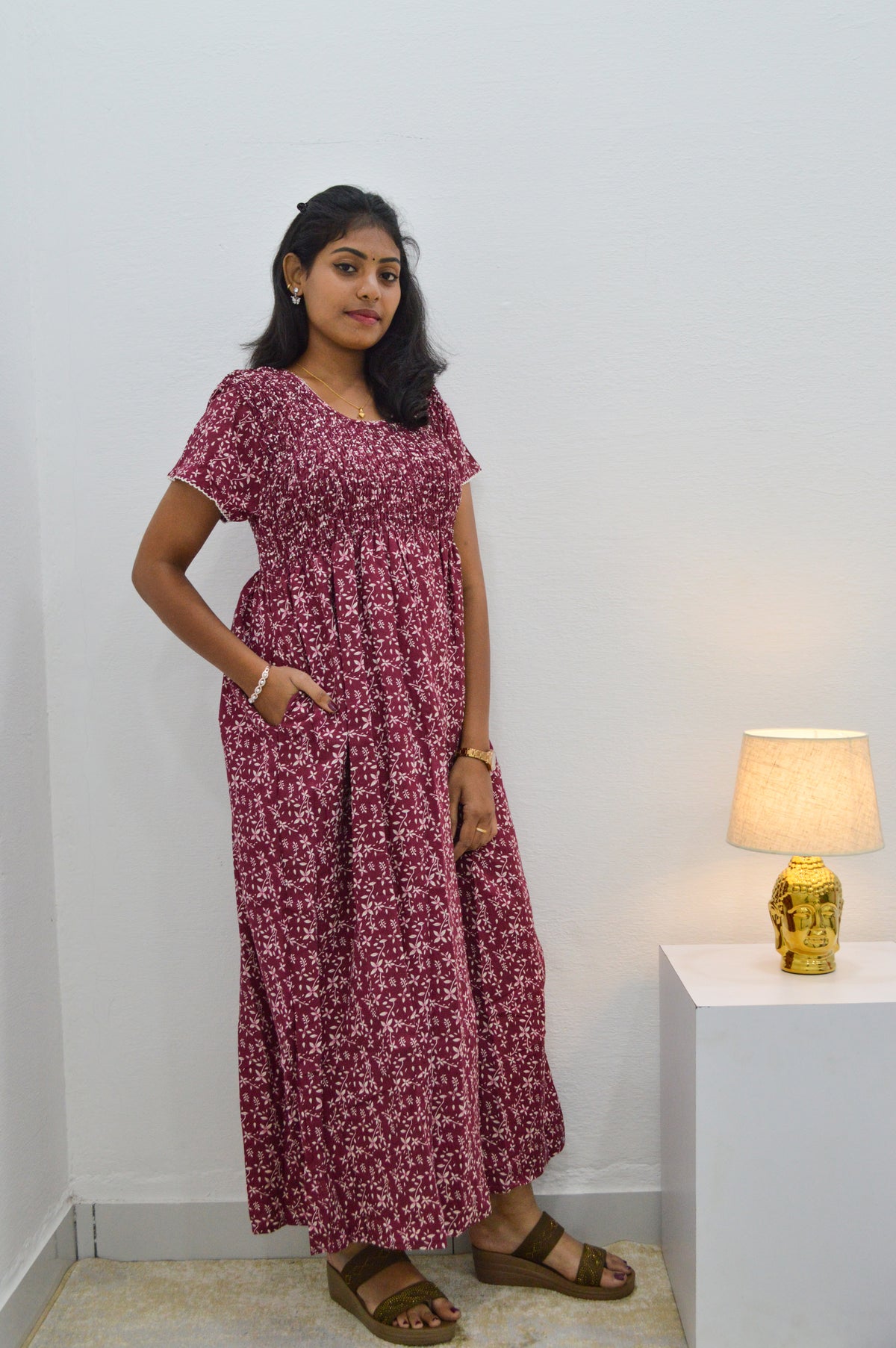 Crush Smocking Nighties for Stylish Women | Soft wrinkled texture Smocking Model | Rounded neck with Side Pocket | Daily wear Nighties for trendy women (PPL)