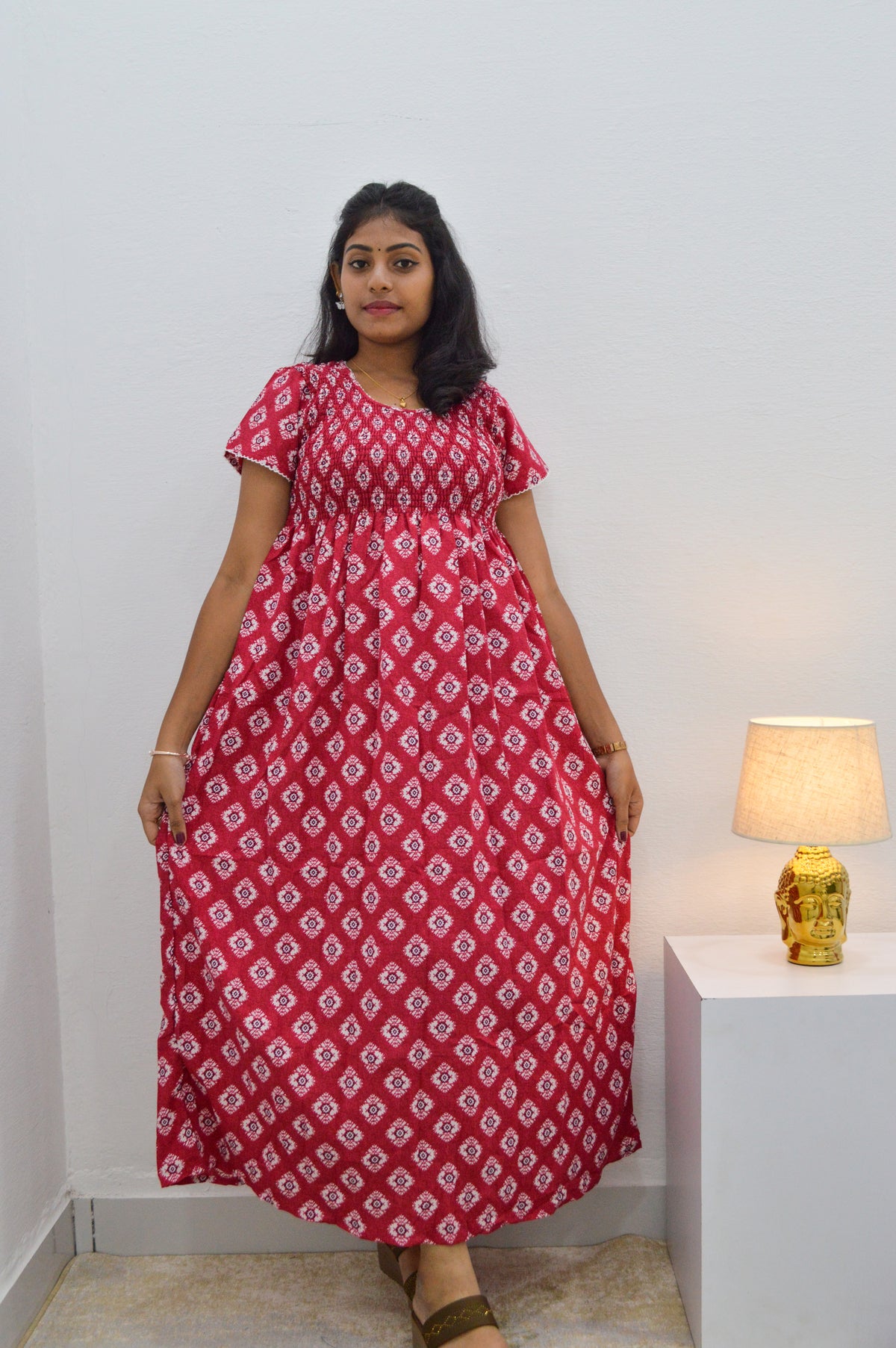 Crush Smocking Nighties for Stylish Women | Soft wrinkled texture Smocking Model | Rounded neck with Side Pocket | Daily wear Nighties for trendy women (PPL)