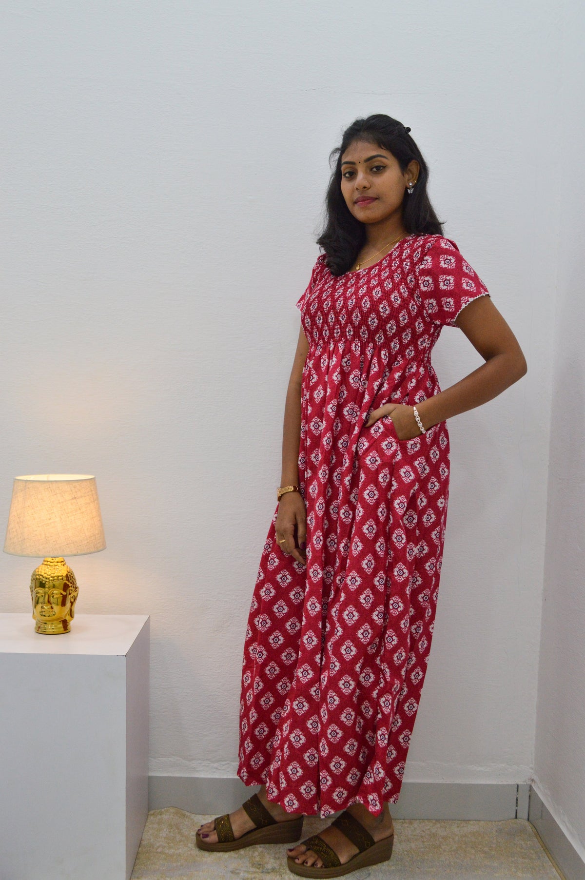 Crush Smocking Nighties for Stylish Women | Soft wrinkled texture Smocking Model | Rounded neck with Side Pocket | Daily wear Nighties for trendy women (PPL)