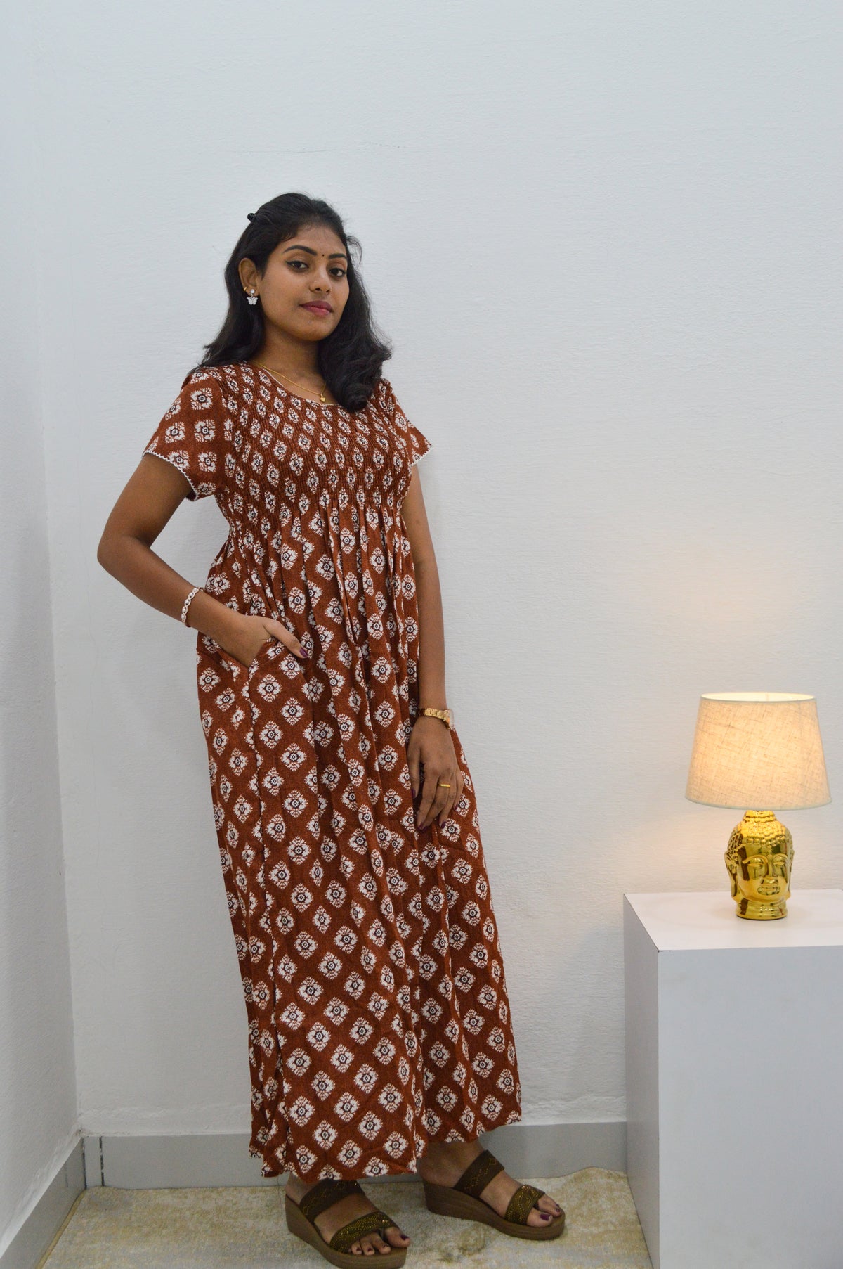 Crush Smocking Nighties for Stylish Women | Soft wrinkled texture Smocking Model | Rounded neck with Side Pocket | Daily wear Nighties for trendy women (PPL)