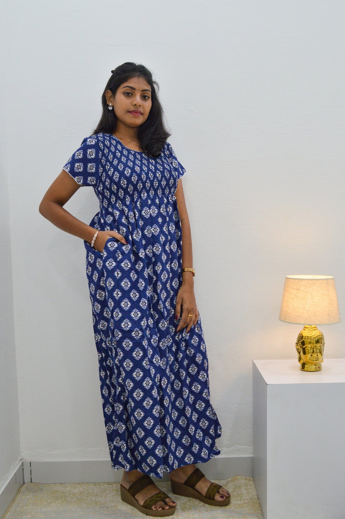 Crush Smocking Nighties for Stylish Women | Soft wrinkled texture Smocking Model | Rounded neck with Side Pocket | Daily wear Nighties for trendy women (PPL)