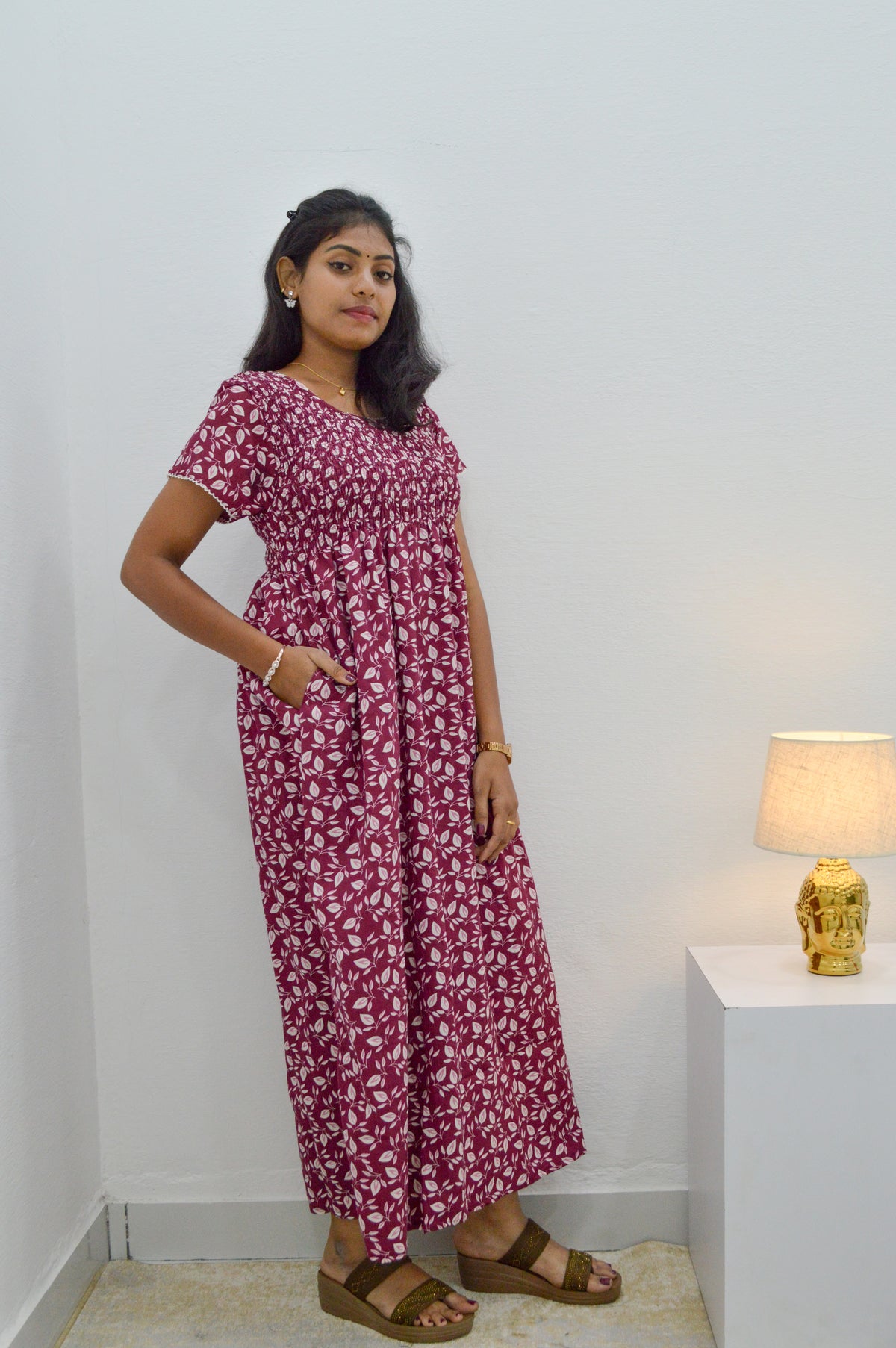 Crush Smocking Nighties for Stylish Women | Soft wrinkled texture Smocking Model | Rounded neck with Side Pocket | Daily wear Nighties for trendy women (PPL)