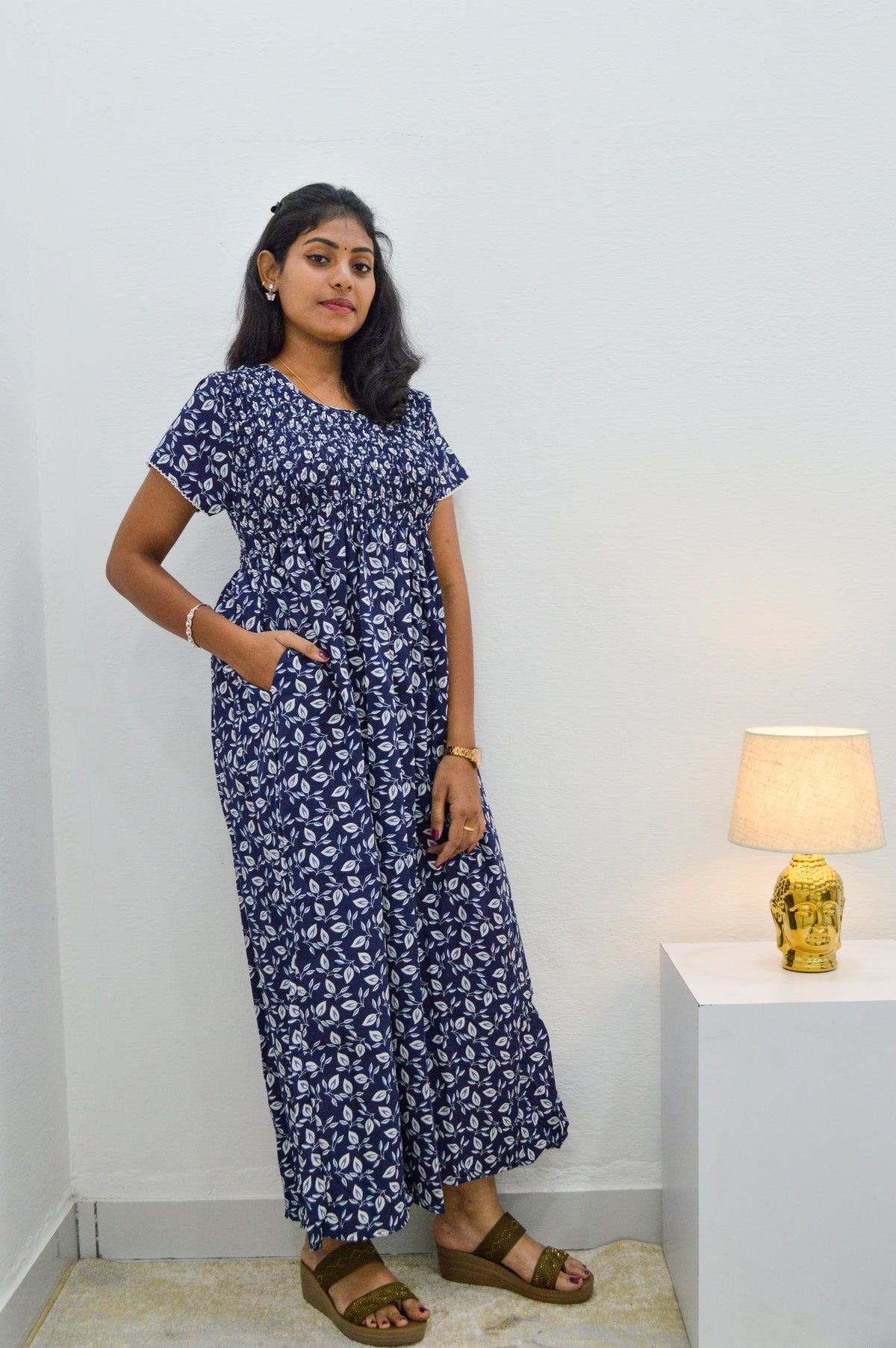 Crush Smocking Nighties for Stylish Women | Soft wrinkled texture Smocking Model | Rounded neck with Side Pocket | Daily wear Nighties for trendy women (PPL)