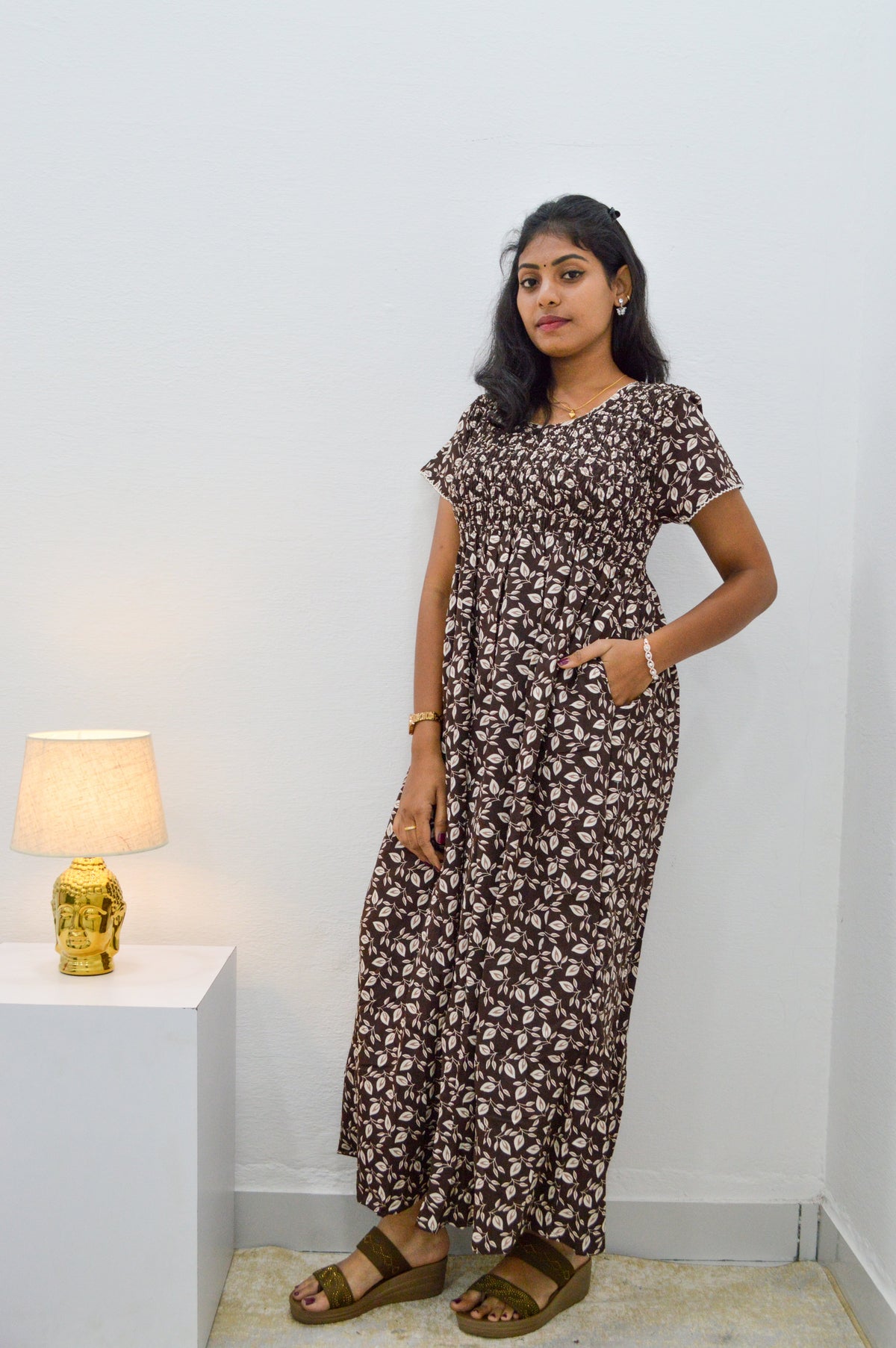 Crush Smocking Nighties for Stylish Women | Soft wrinkled texture Smocking Model | Rounded neck with Side Pocket | Daily wear Nighties for trendy women (PPL)