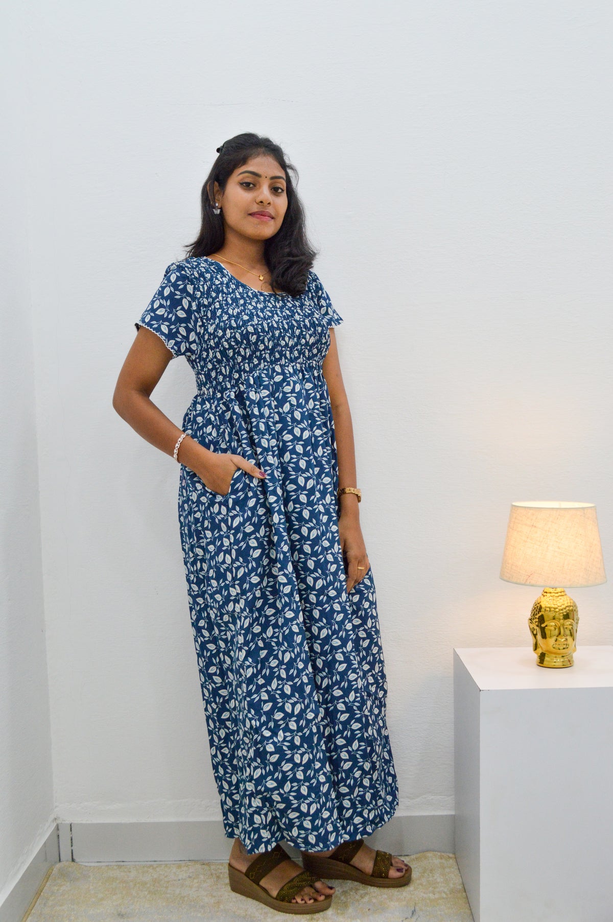 Crush Smocking Nighties for Stylish Women | Soft wrinkled texture Smocking Model | Rounded neck with Side Pocket | Daily wear Nighties for trendy women (PPL)