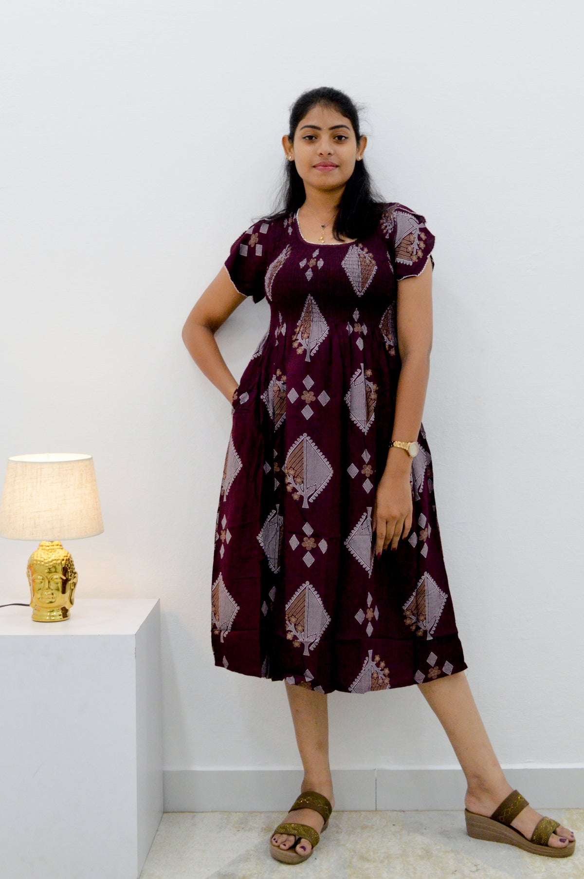 MANGAI Premium Rayon MAXI Frock Smocking Night Gown | Stretchable & Comfort Fit | Fancy Pleated Style with Side Pocket | Round Neck Nightwear for Stylish Women (SRM)