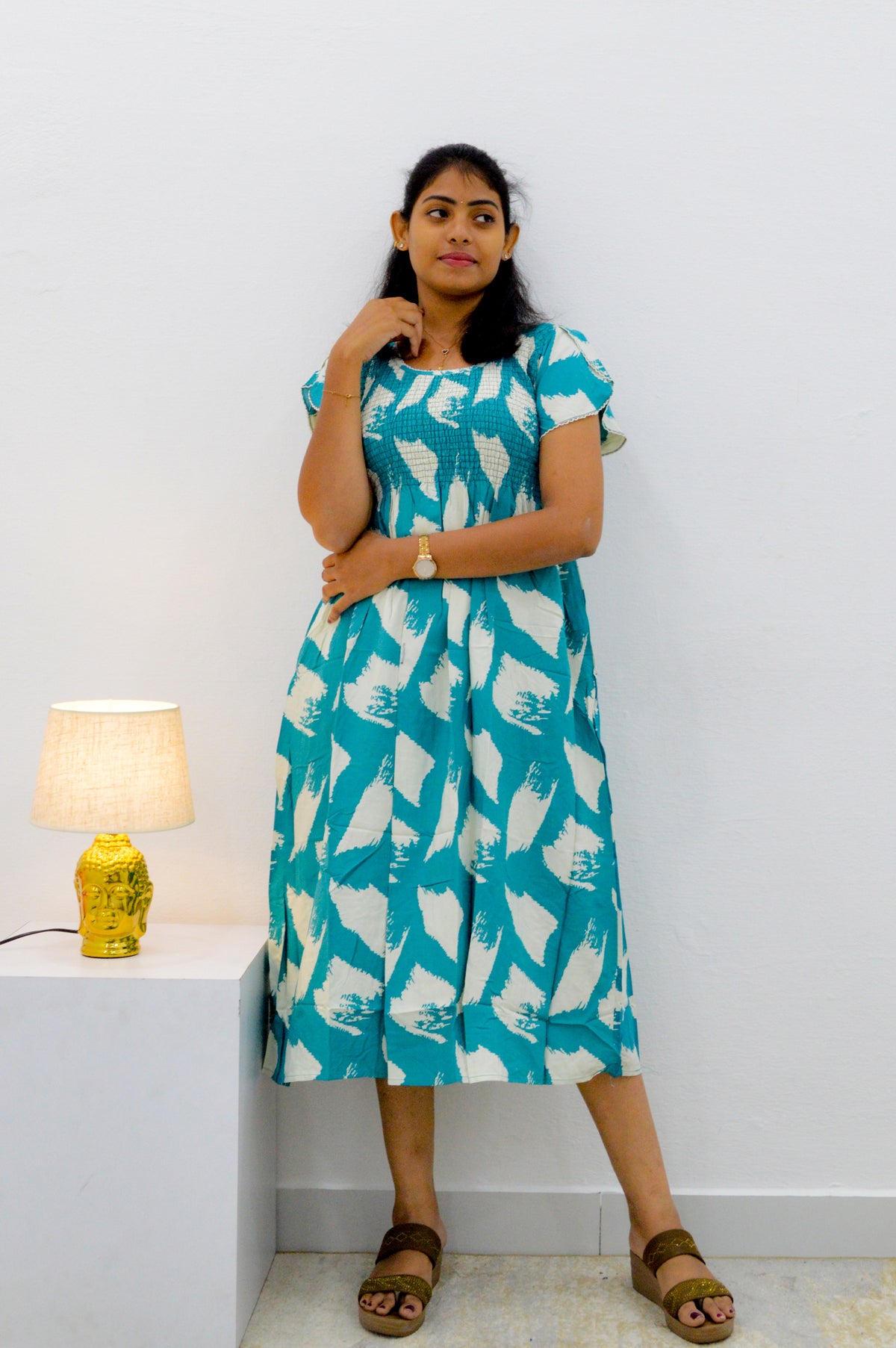 MANGAI Premium Rayon MAXI Frock Smocking Night Gown | Stretchable & Comfort Fit | Fancy Pleated Style with Side Pocket | Round Neck Nightwear for Stylish Women (SRM)