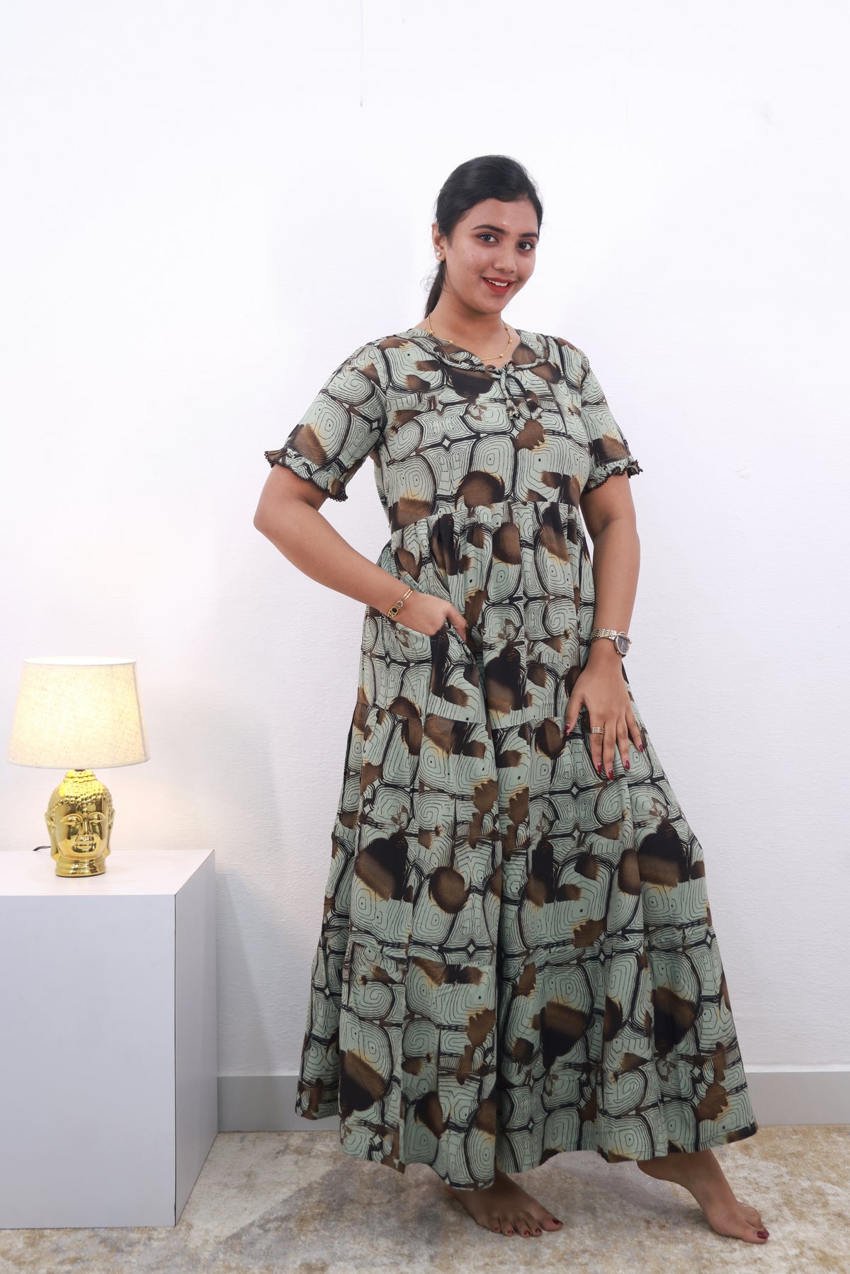 Mangai 3 Layer Frock Model Nighties Soft and Smooth Premium Quality Rayon Material , Fancy Frilled Sleeve Side Pocket , Back tie Rope Stylish Collection's for Trendy Women's (MRK)