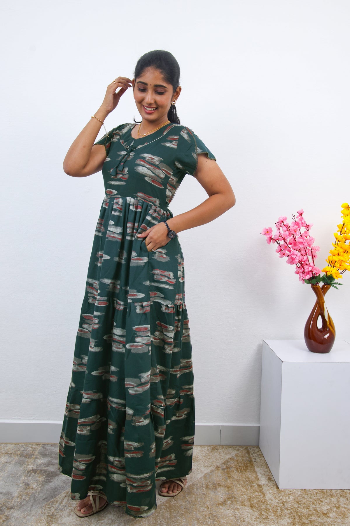 Stylish Alpine 3 Layer Frock Model Nighties| Fancy Sleeves & Neck Pattern| Side Pocket with Back Tie Rope | Perfect Nightwear Trendy Women's (AFK)