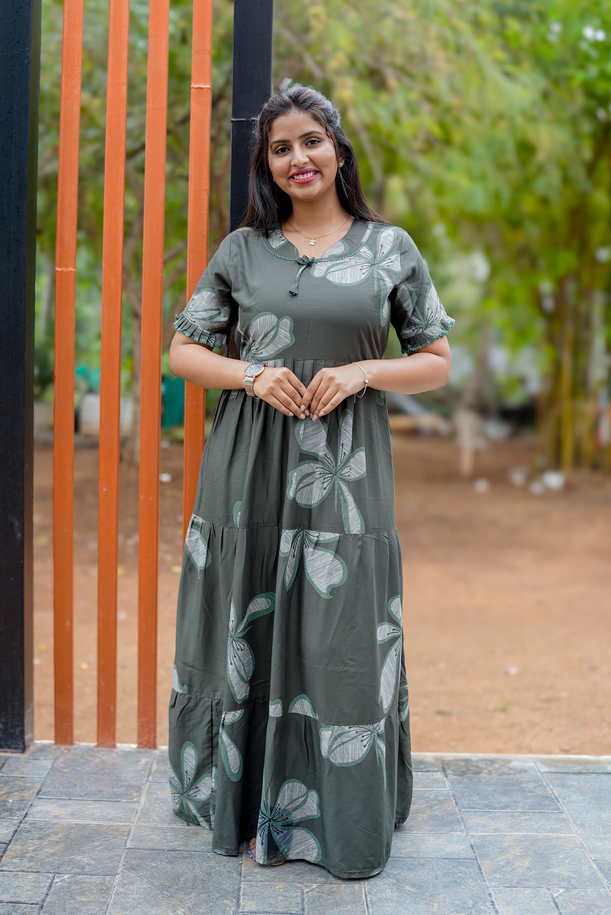 Mangai 3 Layer Flared Frock Model Nighties Soft and Smooth Premium Quality Rayon Material , Fancy Frilled Sleeve, Side Pocket , Back tie Rope , Stylish Collection's for Trendy Women's (MRK)