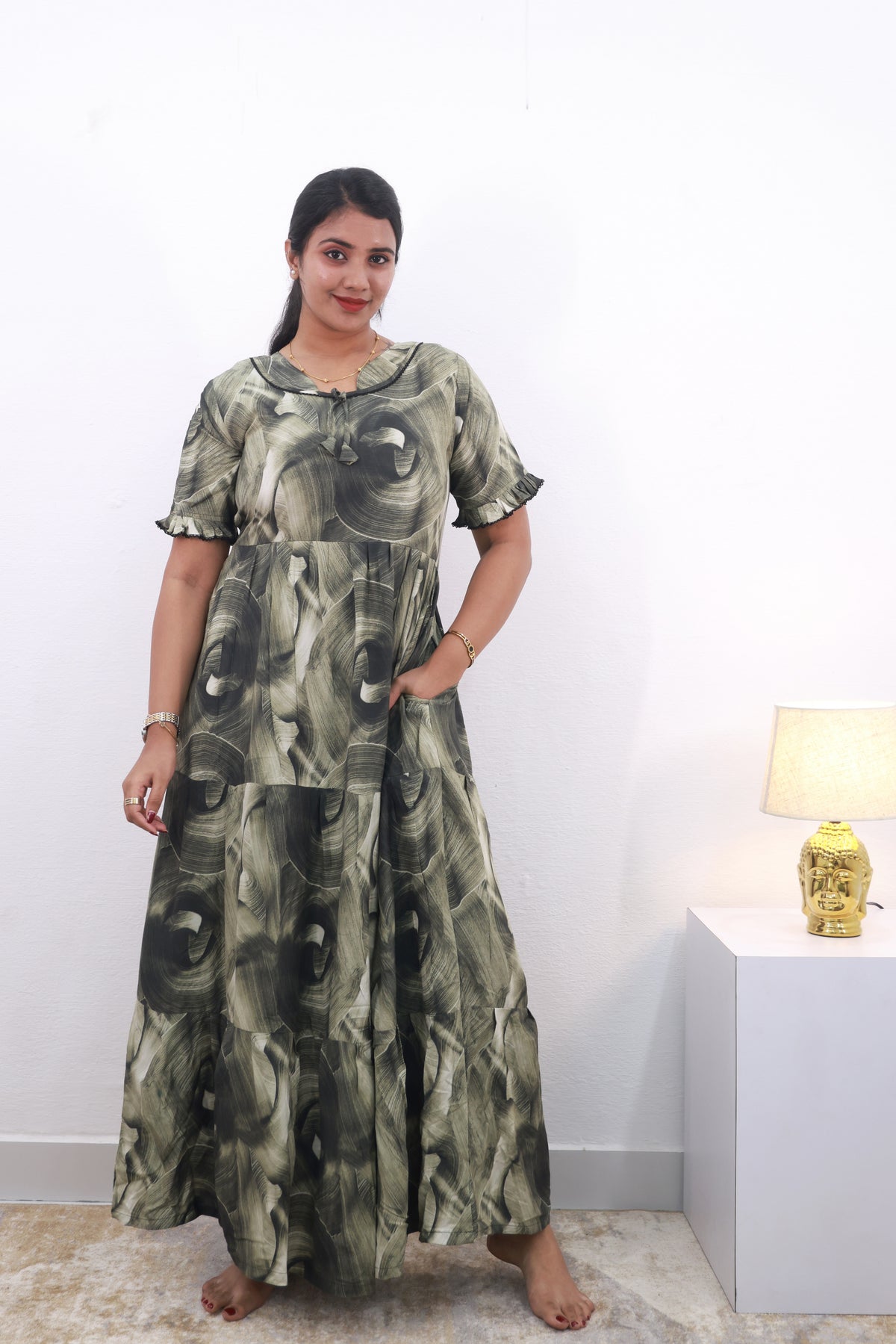 Mangai 3 Layer Frock Model Nighties Soft and Smooth Premium Quality Rayon Material , Fancy Frilled Sleeve Side Pocket , Back tie Rope Stylish Collection's for Trendy Women's (MRK)