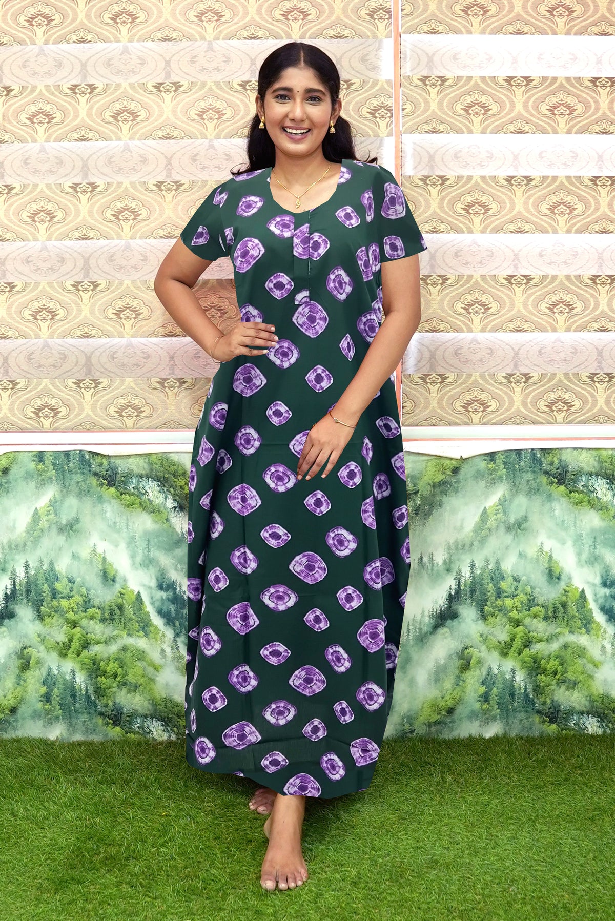 MANGAI Daily Wear Casual Comfort Fit Cotton Printed Nighties | Front Open Zipper Model | Fancy Round Neck with Side Pocket Cotton Nighties (DRN)