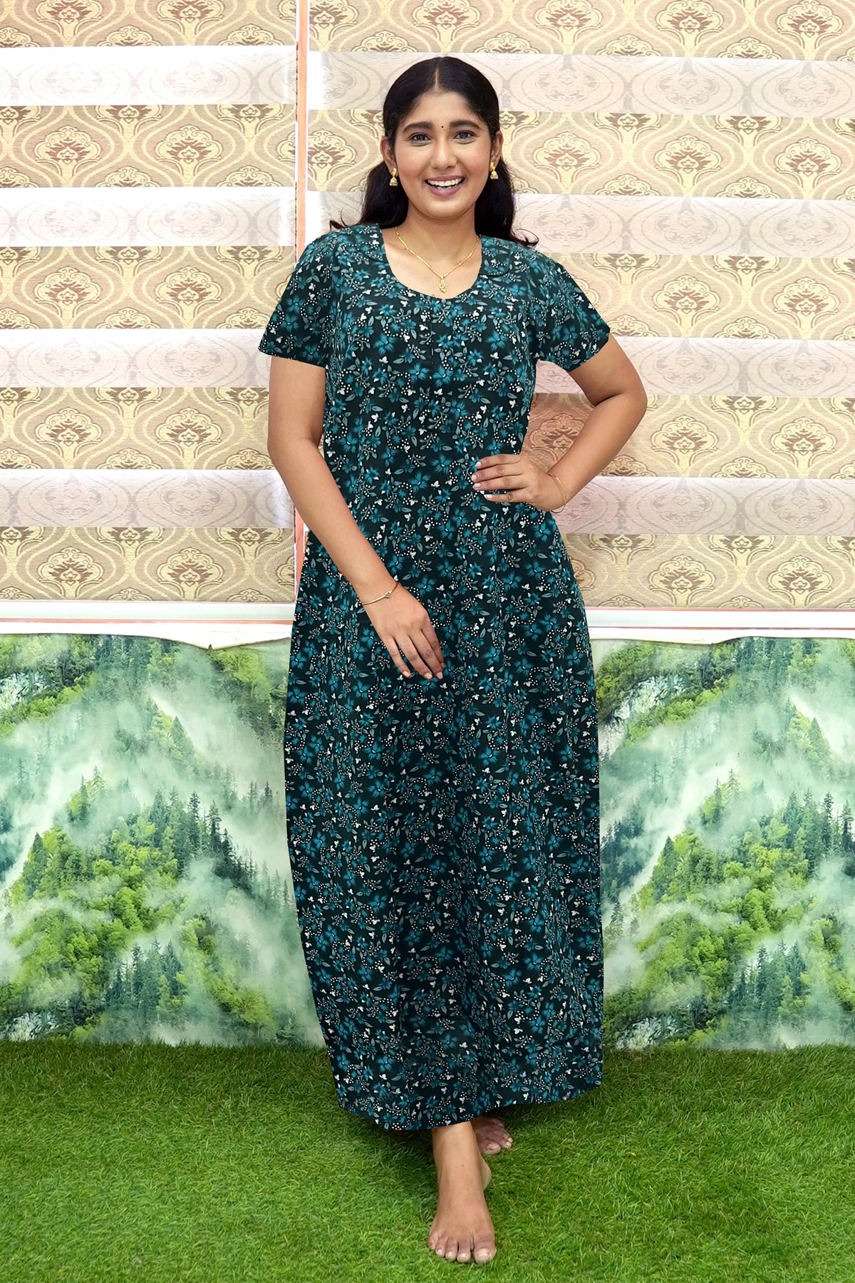 MANGAI Daily Wear Casual Comfort Fit Cotton Printed Nighties | Front Open Zipper Model | Fancy Round Neck with Side Pocket Cotton Nighties (DRN)