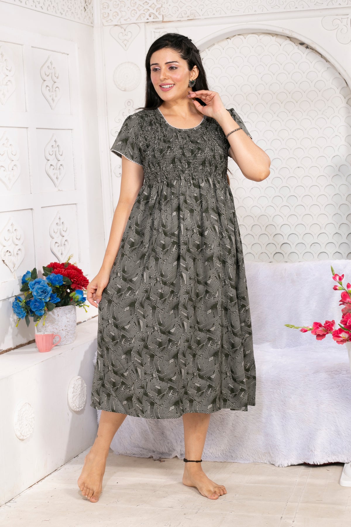 Alpine Smocking Maxi Frock Model Nightgown for Trendy Women's & Teenage Girl's | Stretchable Comfort to Body Fit | Side Pocket & Stylish Round Neck MAXI Gown for Women's Teenage Girl's (ASM)