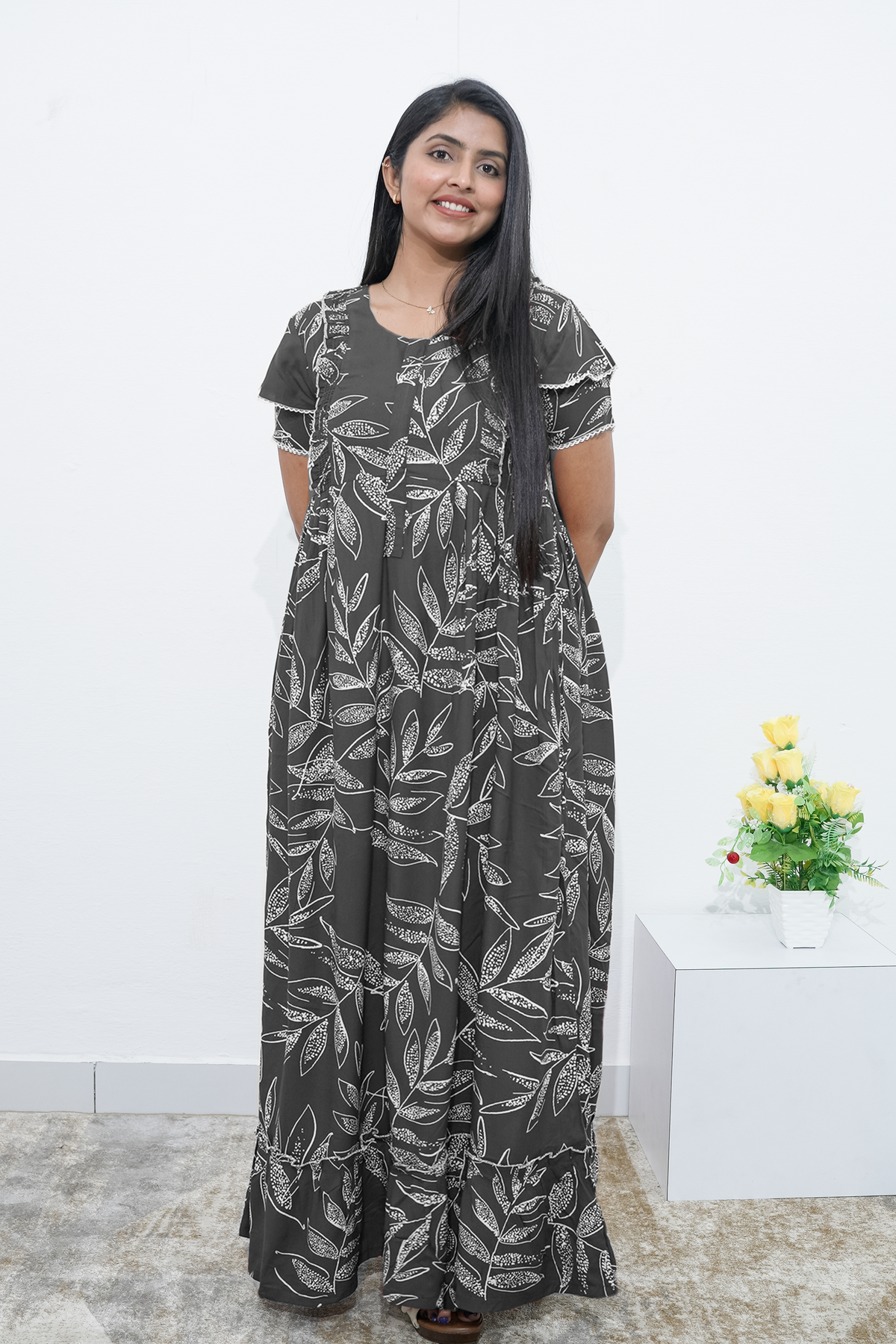 MANGAI Rayon Frock Nighties | Front Open Lengthy Zipper Comforts Feeding | Fancy Double Layered Sleeve's | Post & Pre Pregnancy's and Casual Wear | Side Pocket |Versatile Rayon Frock Night Gown's for Stylish Women's (RPW)