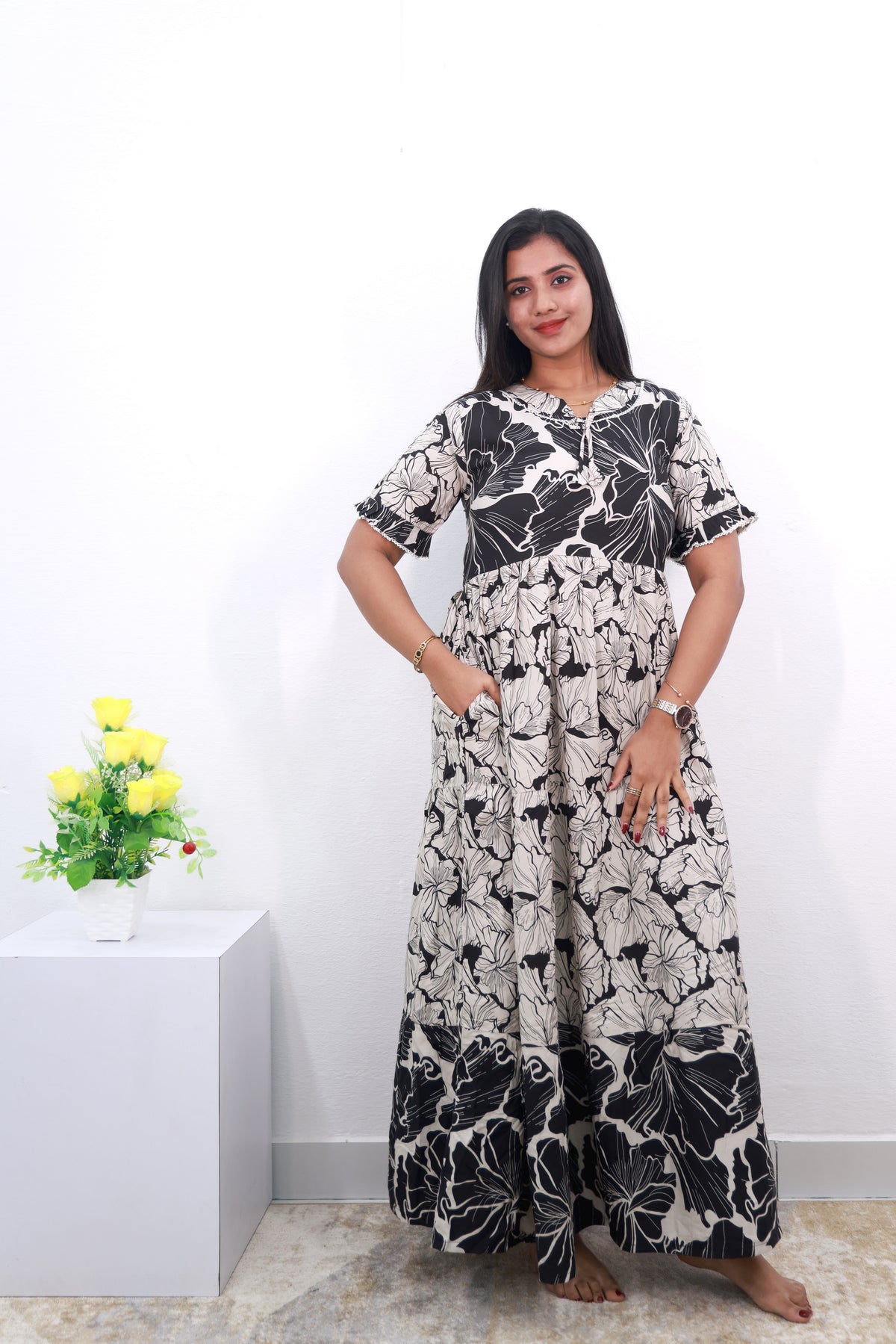 Mangai 3 Layer Reversible Design Frock Model Nighties Soft and Smooth Premium Quality Rayon Material , Fancy Frilled Sleeve, Side Pocket , Back tie Rope , Stylish Collection's for Trendy Women's (MRK)