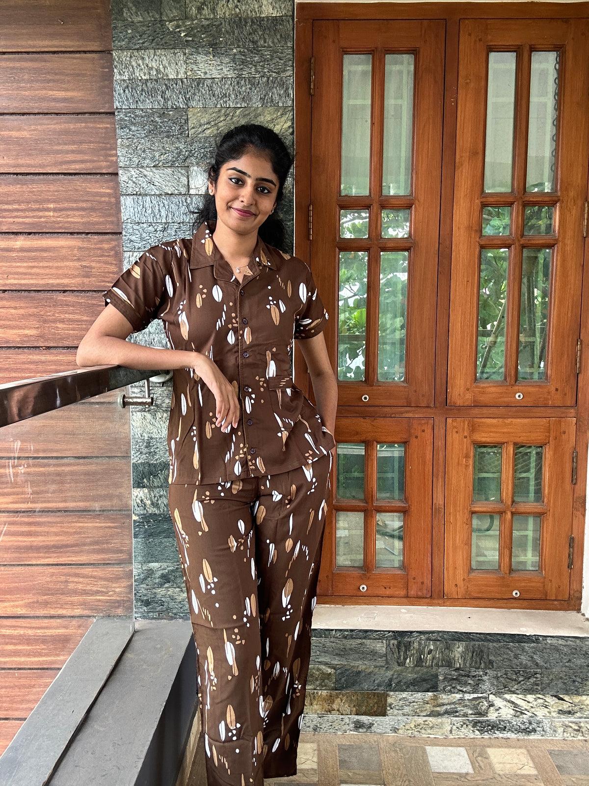 MANGAI Premium RAYON Printed Stylish Collar Night Suits | Stylish Print's All Over | Top & Bottom Set | Half Sleeve | Trendy Night Suits for Stylish Women's (RCNS-CLR)