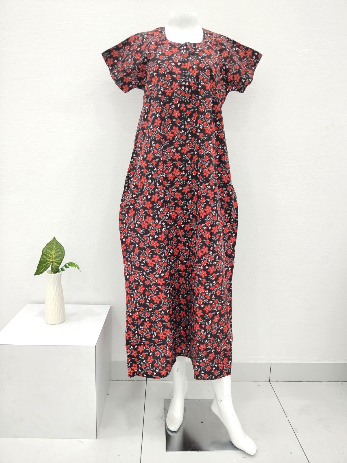 MANGAI Daily Wear Casual Comfort Fit Cotton Printed Nighties | Front Open Zipper Model | Fancy Round Neck with Side Pocket Cotton Nighties (DRN)