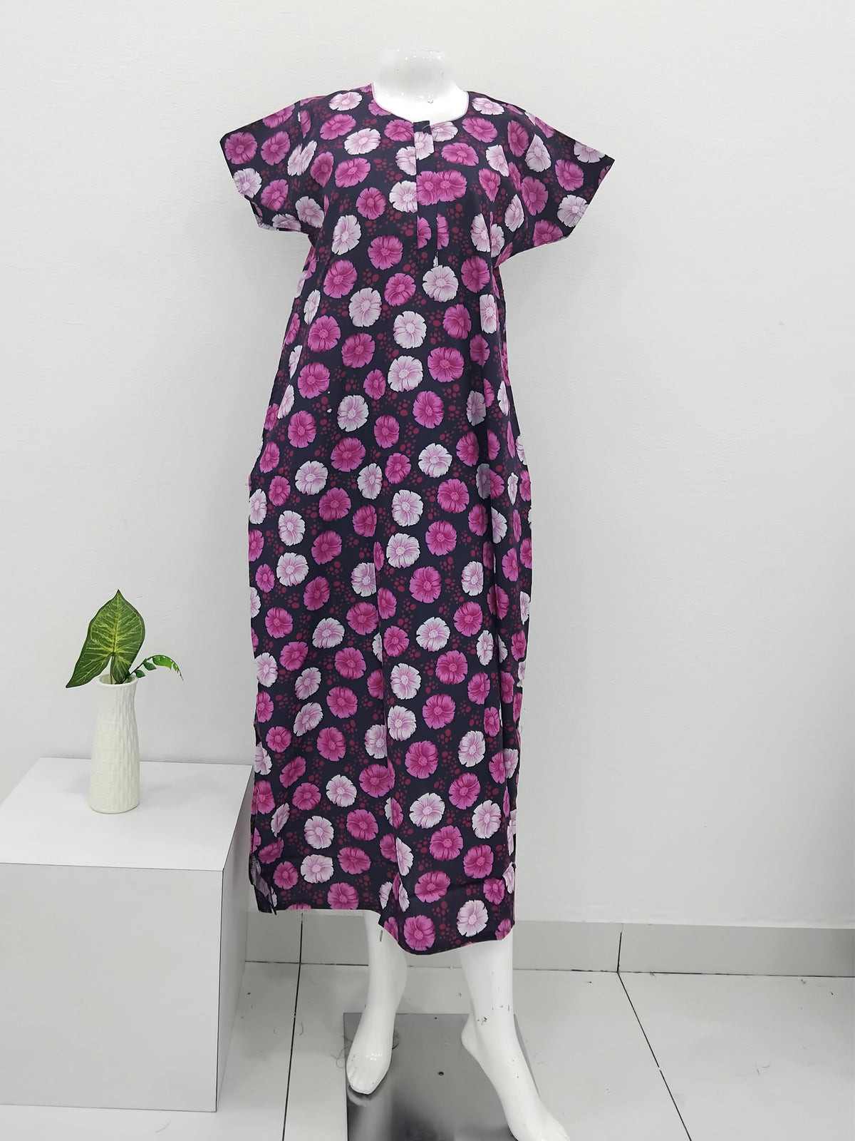 MANGAI Daily Wear Casual Comfort Fit Cotton Printed Nighties | Front Open Zipper Model | Fancy Round Neck with Side Pocket Cotton Nighties (DRN)