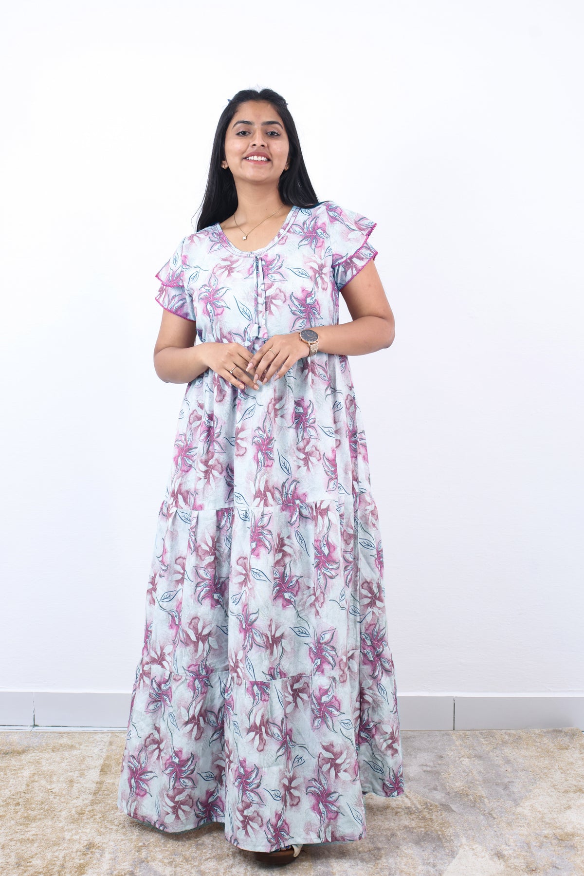 Stylish Alpine 3 Layer Frock Model Nighties| Fancy Sleeves & Neck Pattern| Side Pocket with Back Tie Rope | Perfect Nightwear Trendy Women's (AFK)