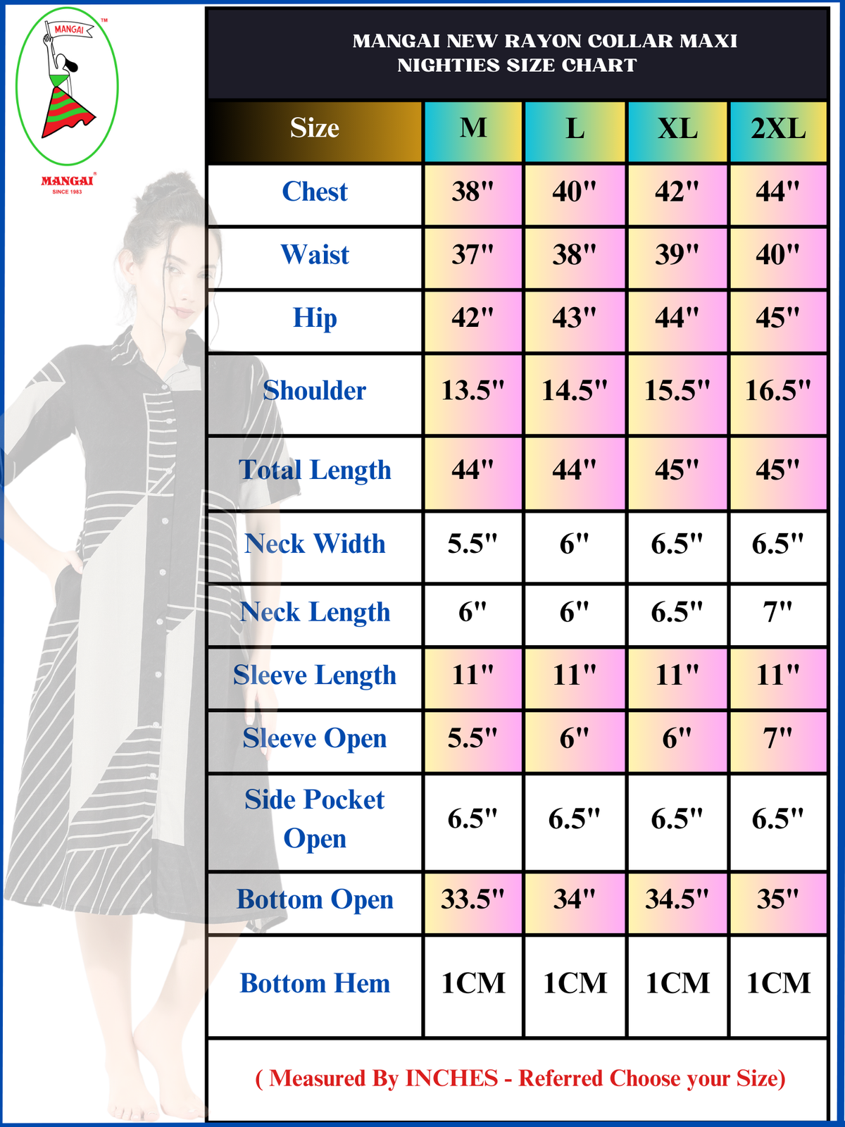 MANGAI Premium Rayon Collar MAXI Nighty for Women | Long Sleeve Stylish Nightwear for Women and Teenager | Perfect Stylish Nightwear (MCM)