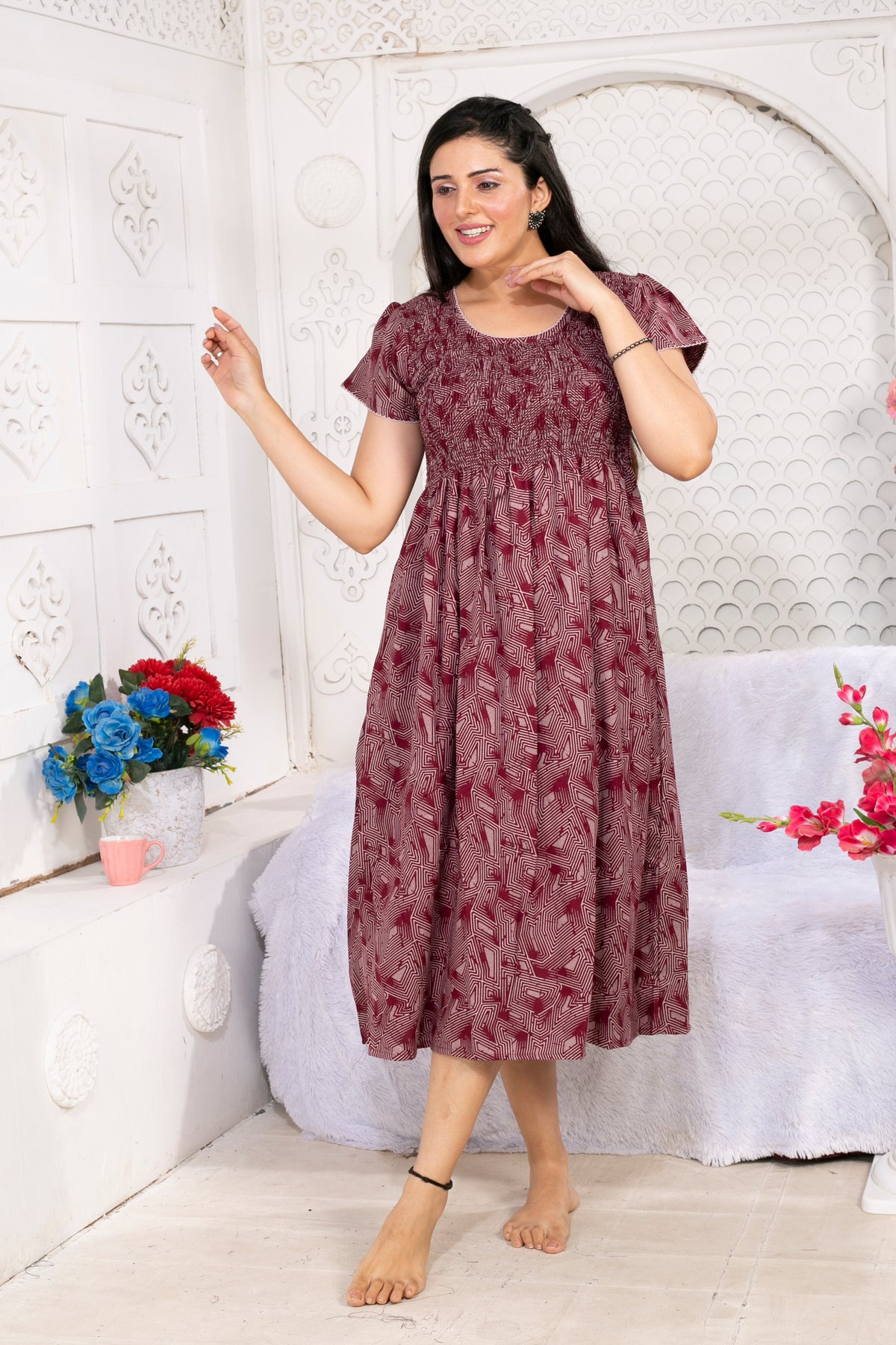 Alpine Smocking Maxi Frock Model Nightgown for Trendy Women's & Teenage Girl's | Stretchable Comfort to Body Fit | Side Pocket & Stylish Round Neck MAXI Gown for Women's Teenage Girl's (ASM)