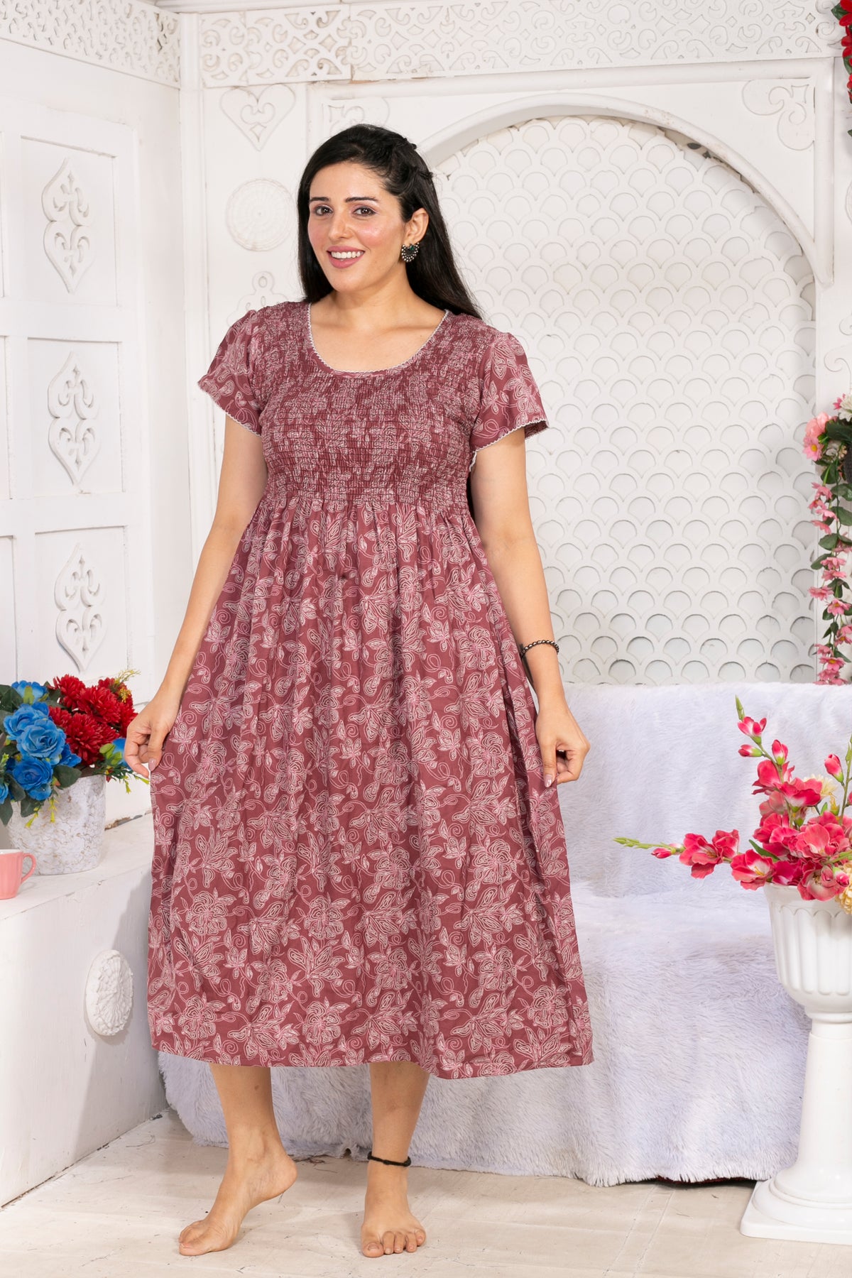 Alpine Smocking Maxi Frock Model Nightgown for Trendy Women's & Teenage Girl's | Stretchable Comfort to Body Fit | Side Pocket & Stylish Round Neck MAXI Gown for Women's Teenage Girl's (ASM)