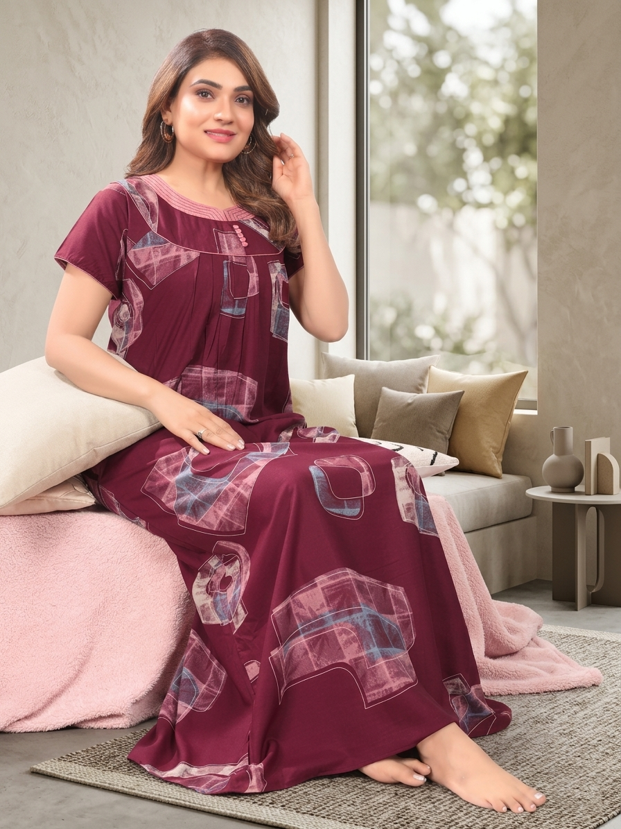 Women's Rayon Pleated Zipless Nighty – Modern Geometric Print Nightwear with Fancy Stitched Neck & Side Pocket - Moisture-wicking Loungewear