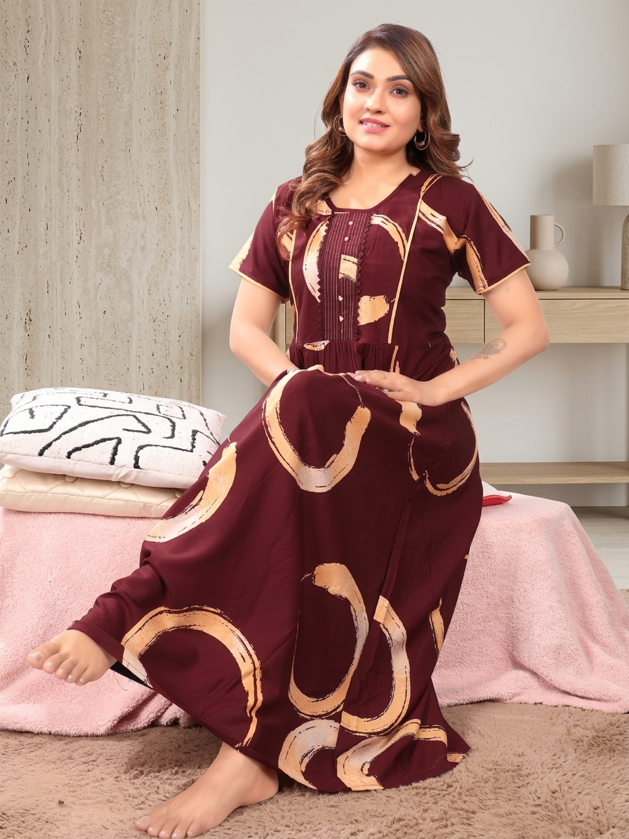 Women's Rayon Pleated Zipless Nighty – Elegant Large Floral Print Nightwear with Fancy Lace Neck & Side Pocket