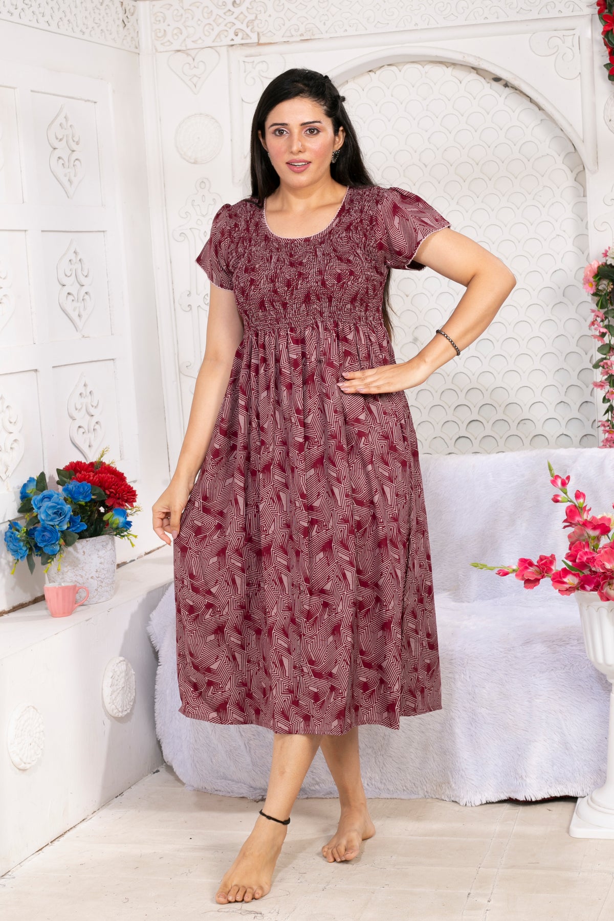 Alpine Smocking Maxi Frock Model Nightgown for Trendy Women's & Teenage Girl's | Stretchable Comfort to Body Fit | Side Pocket & Stylish Round Neck MAXI Gown for Women's Teenage Girl's (ASM)