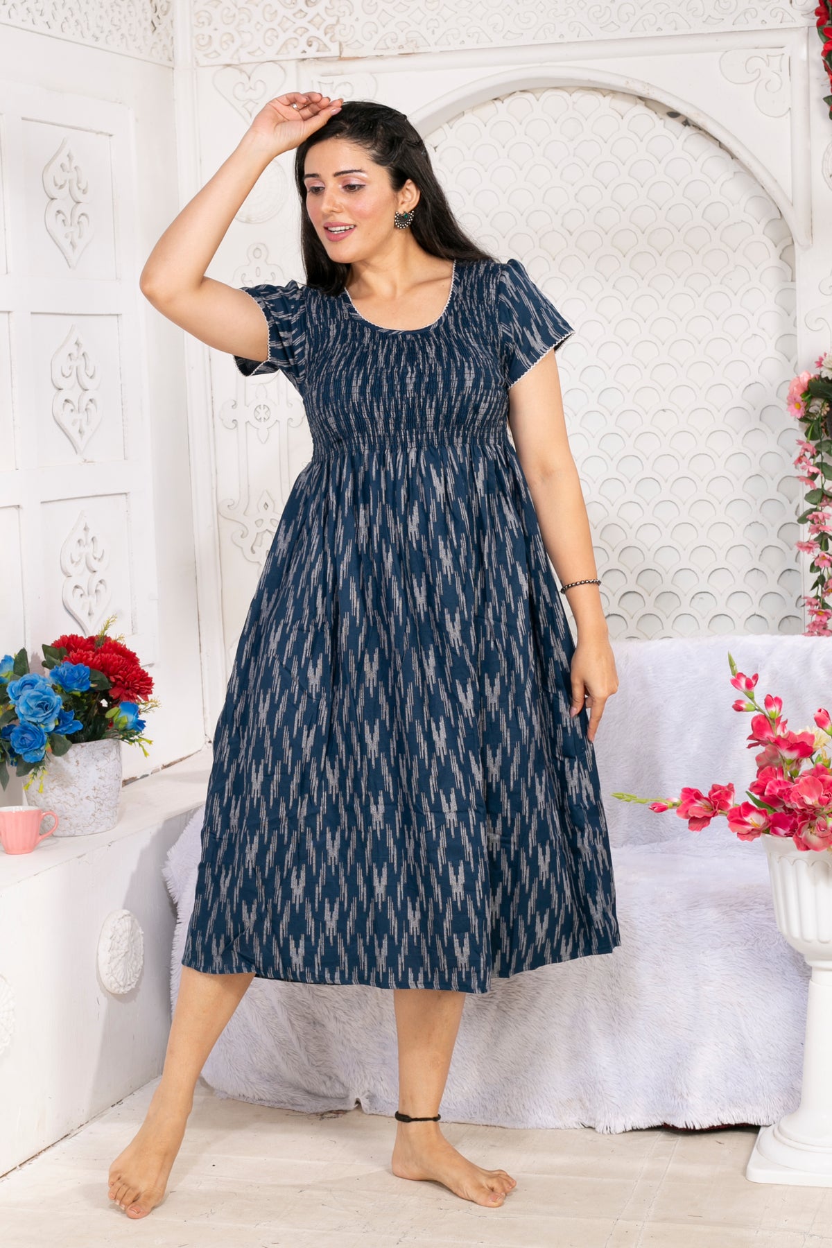 Alpine Smocking Maxi Frock Model Nightgown for Trendy Women's & Teenage Girl's | Stretchable Comfort to Body Fit | Side Pocket & Stylish Round Neck MAXI Gown for Women's Teenage Girl's (ASM)