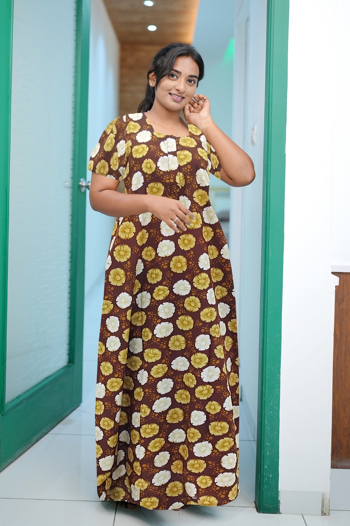 MANGAI Daily Wear Casual Comfort Fit Cotton Printed Nighties | Front Open Zipper Model | Fancy Round Neck with Side Pocket Cotton Nighties (DRN)