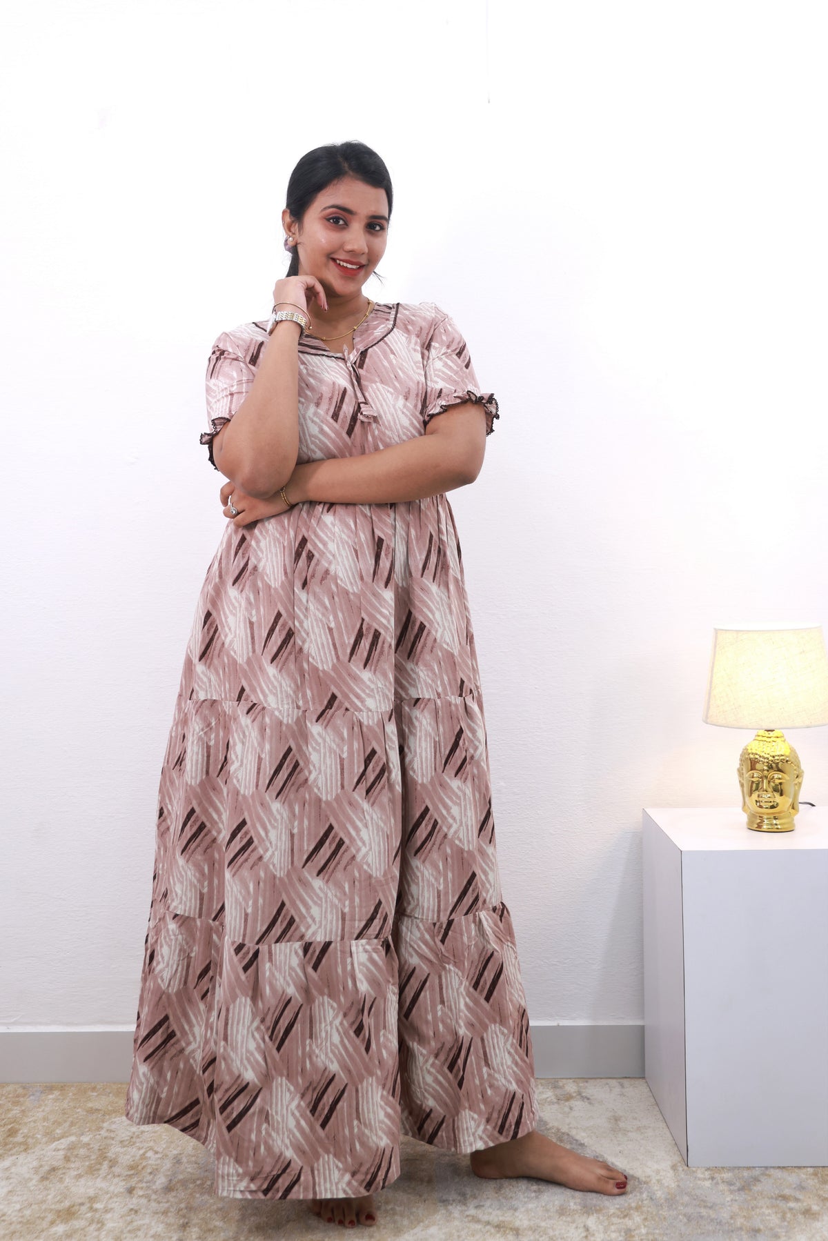 Mangai 3 Layer Frock Model Nighties Soft and Smooth Premium Quality Rayon Material , Fancy Frilled Sleeve Side Pocket , Back tie Rope Stylish Collection's for Trendy Women's (MRK)