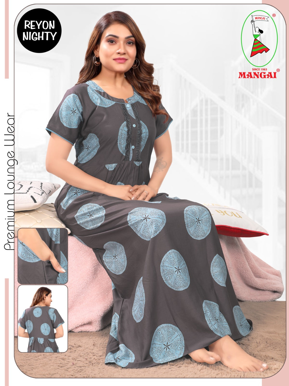 Premium Rayon Pleated Nighty – Modern Geometric Circle Print Half-Sleeve Nightwear with Fancy Lace Neck & Side Pocket Nighty