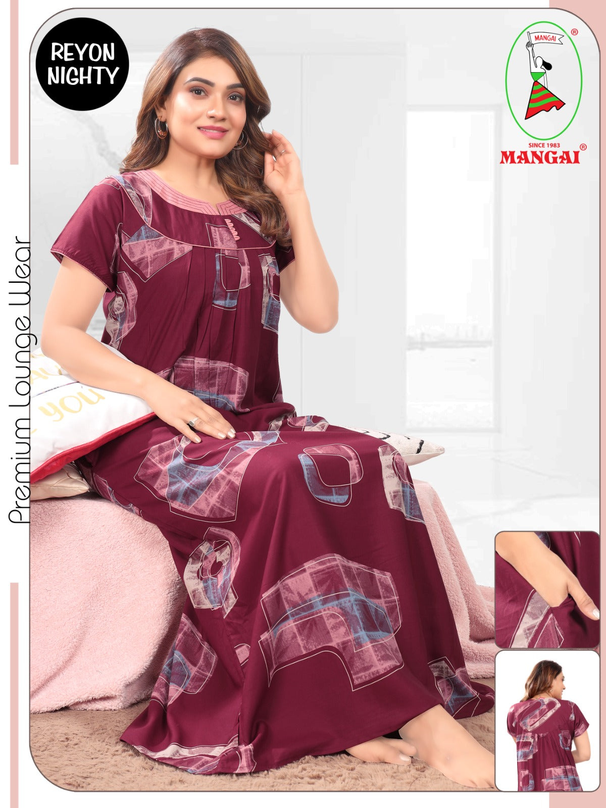 Women's Rayon Pleated Zipless Nighty – Modern Geometric Print Nightwear with Fancy Stitched Neck & Side Pocket - Moisture-wicking Loungewear