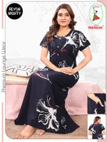 Women's Rayon Pleated Nightwear – Elegant Floral Print Maxi Nighty with Fancy Lace Neck & Side Pocket Nighty