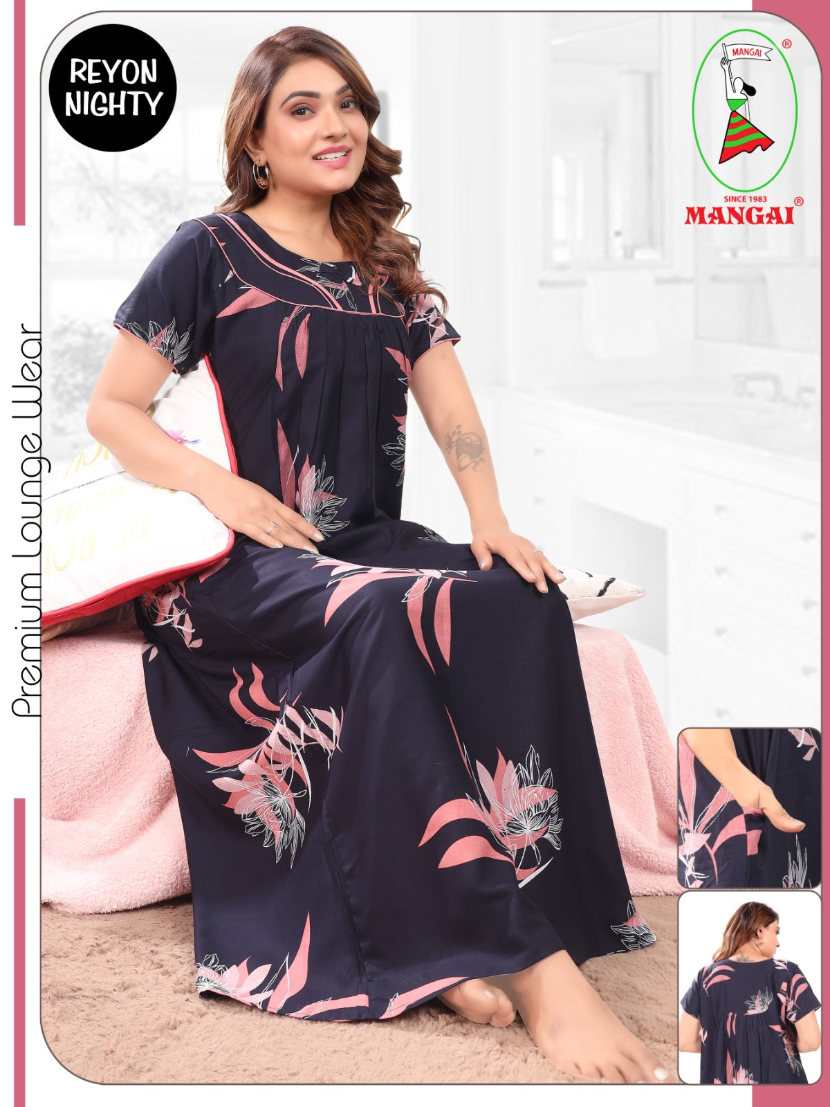 Women's Rayon Pleated Nighty – Autumn Leaf Print & Fancy Bow Neck , Breathable Loungewear.