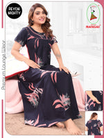 Women's Rayon Pleated Nighty – Autumn Leaf Print & Fancy Bow Neck , Breathable Loungewear.