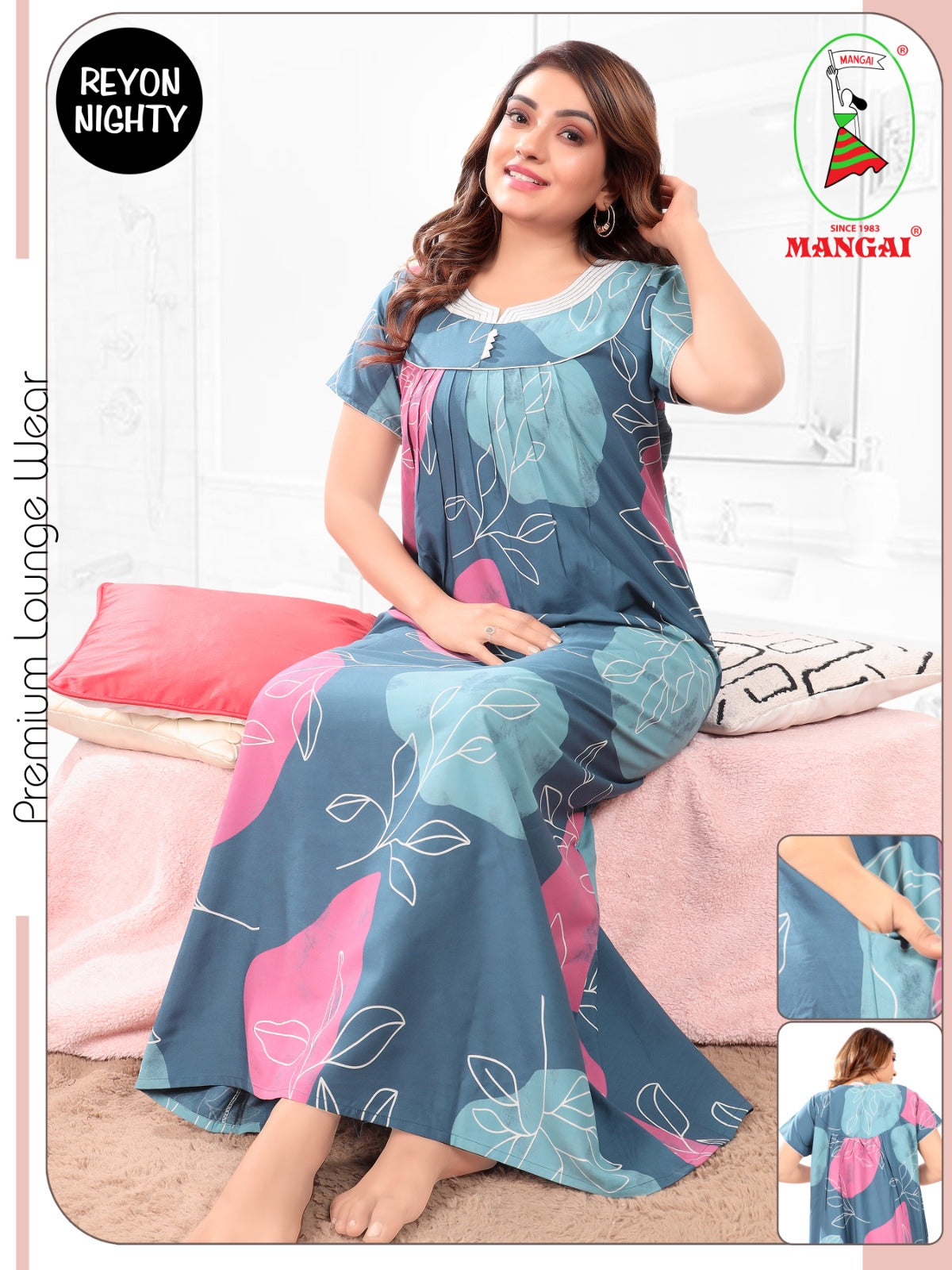 Women's Rayon Pleated Zipless Nighty – Elegant Floral Nightwear with Fancy Stitched Yoke & Side Pocket- Fancy Yoke Nightwear