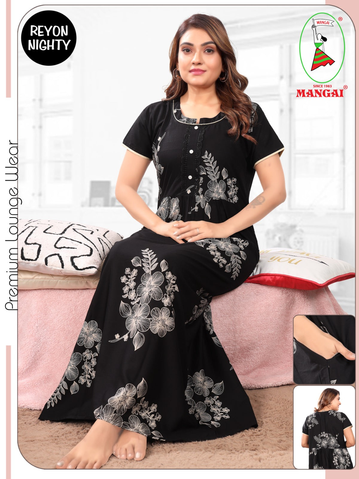 Premium Rayon Pleated Nighty – Elegant Floral Print Half-Sleeve Nightwear with Fancy Neck & Side Pocket Nighty