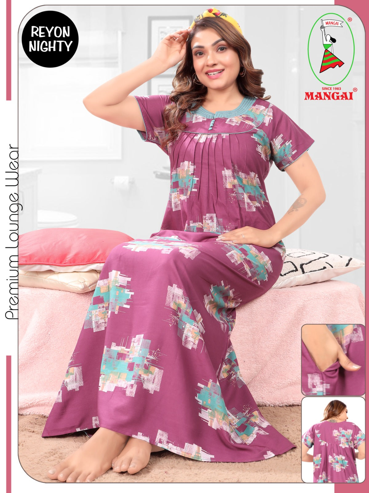Women's Rayon Pleated Zipless Nighty – Modern Abstract Print Nightwear with Fancy Round Yoke & Side Pocket- Lightweight Loungewear