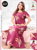 Women's Rayon Pleated Nighty – Autumn Leaf Print & Fancy Bow Neck , Breathable Loungewear.