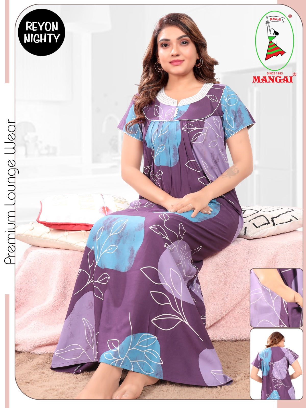 Women's Rayon Pleated Zipless Nighty – Elegant Floral Nightwear with Fancy Stitched Yoke & Side Pocket- Fancy Yoke Nightwear